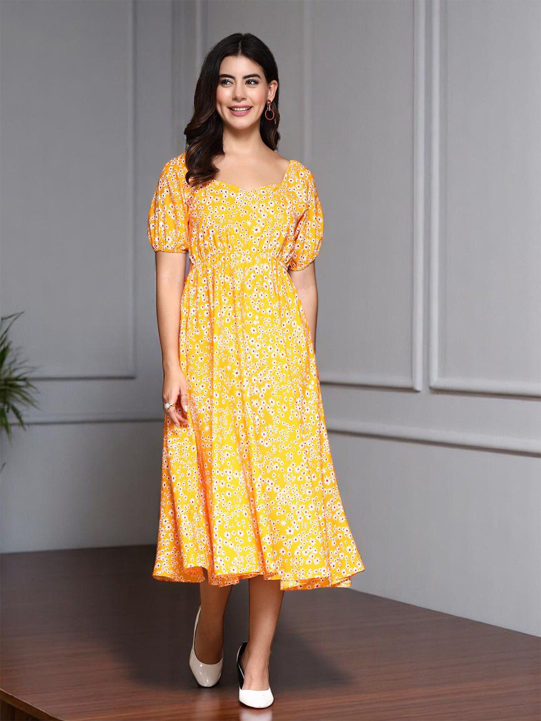 OOMPH! FACTOR Women Yellow Floral Print Midi Dress