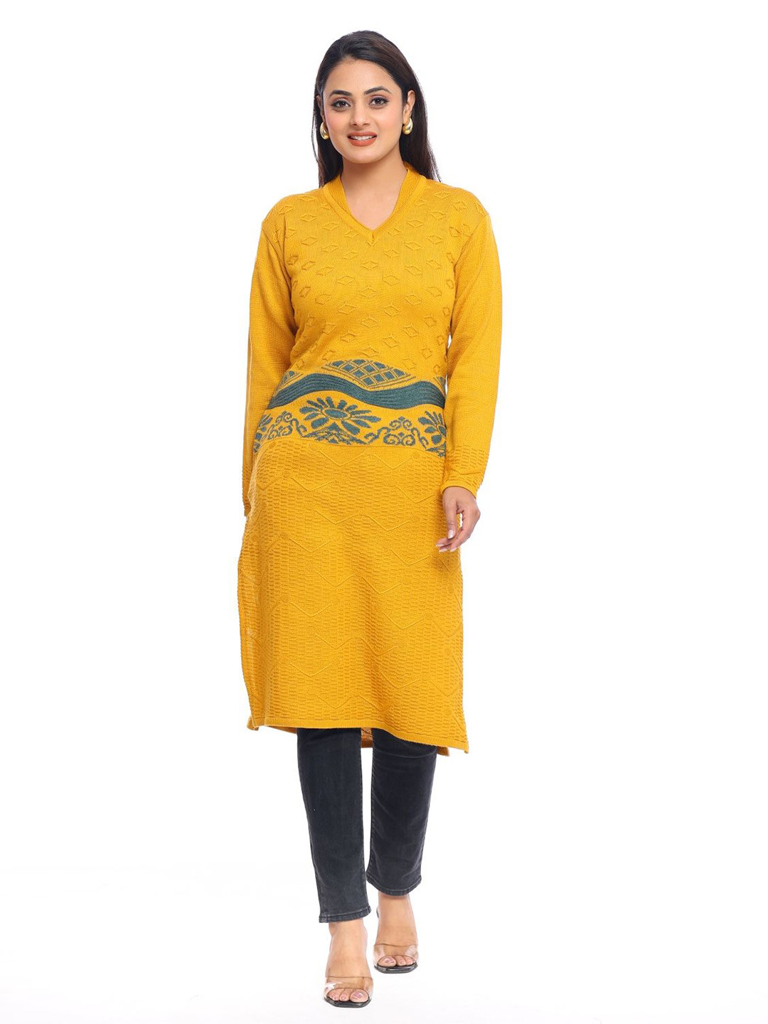 KNITZY Women Floral Design Woolen Straight Kurta