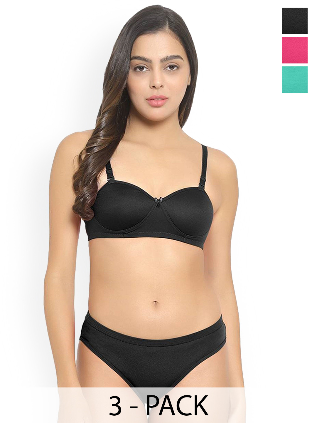 PIBU Pack Of 3 Cotton Lingerie Set H_Demi-Set_G,Bl,P