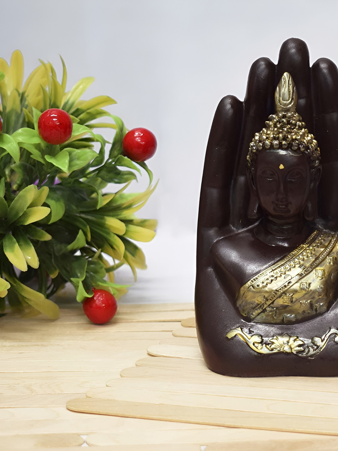 Aura Buddha Hand Brown Polyresin Glossy Living Room Small Showpiece - 6.1 Inches