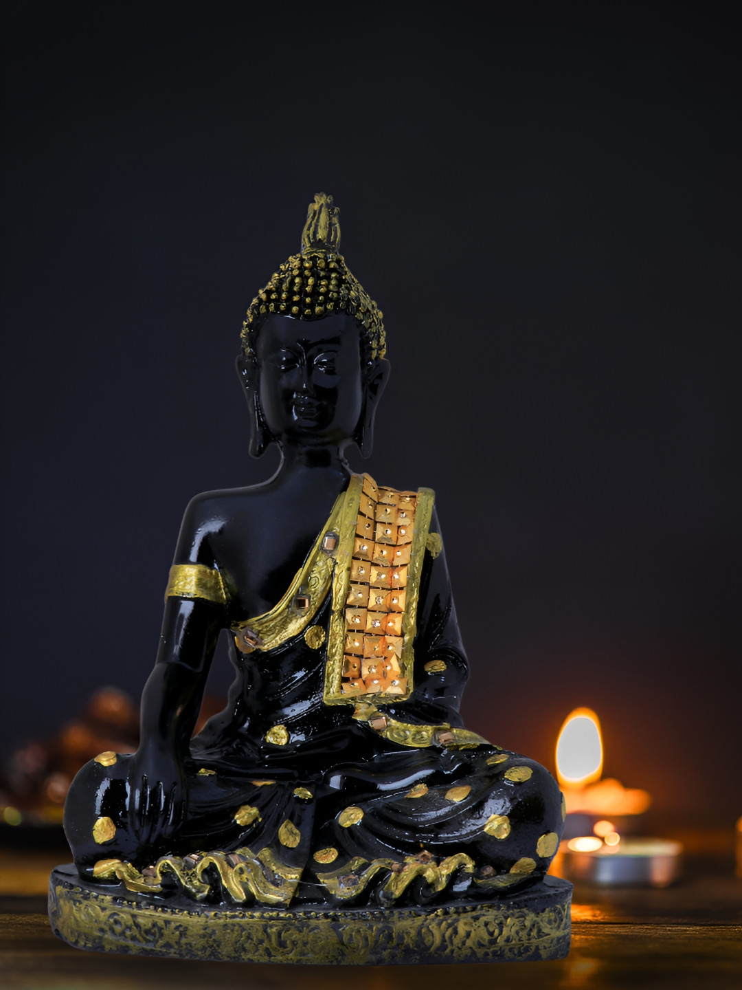 Aura Hand Down Buddha Black Polyresin Glossy Prayer Room Small Showpiece -