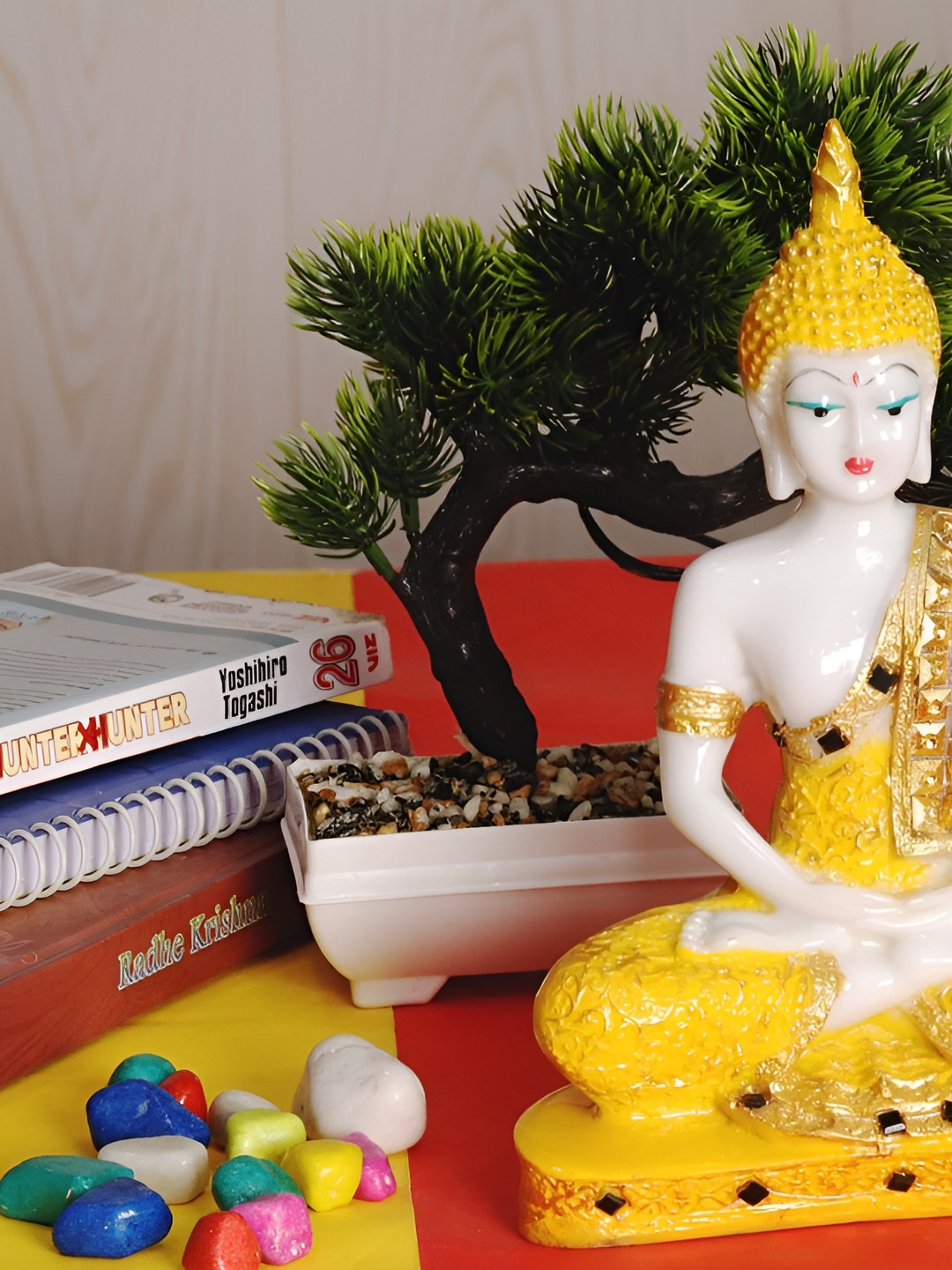 Aura Buddha with Bonsai Plant White Marble Glossy Home Office Set of 2 Small Showpieces - 9.1 Inches