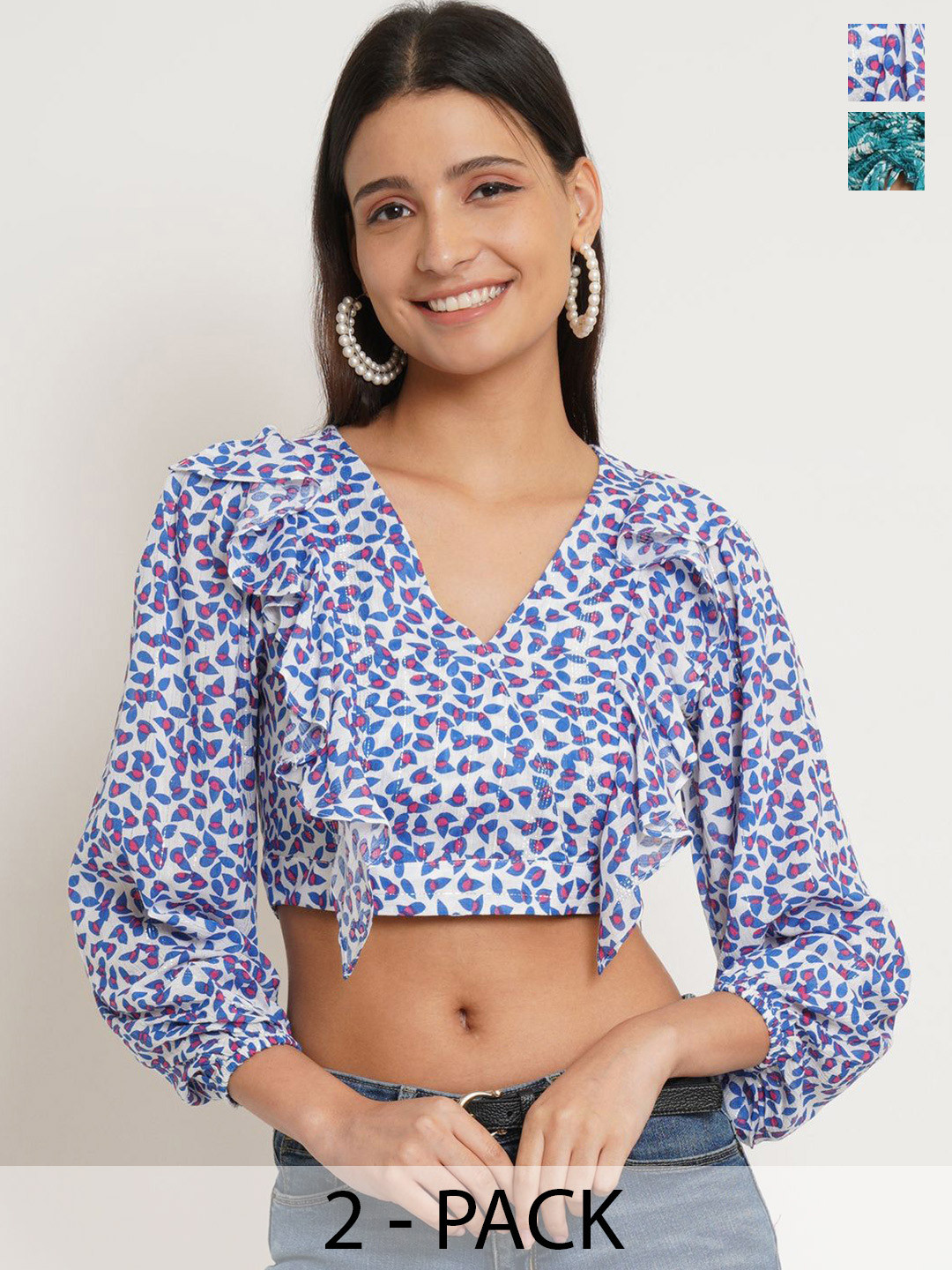 IX IMPRESSION Pack of 2 Floral Printed Sweetheart Neck Blouson Crop Top