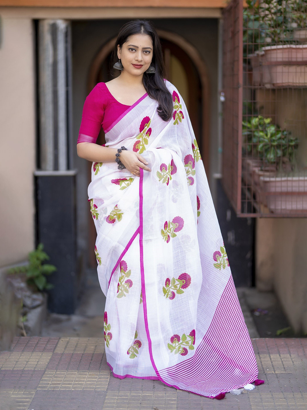 KALINI White Linen Blend Printed Sarees