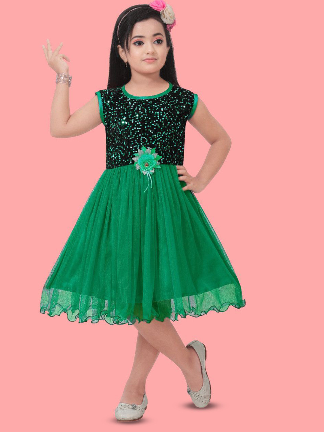 FASSY Embellished Fit & Flare Green Dress