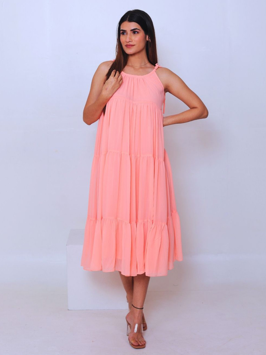 KAJODI Women Solid Tier Sleeveless A-Line Midi Dress