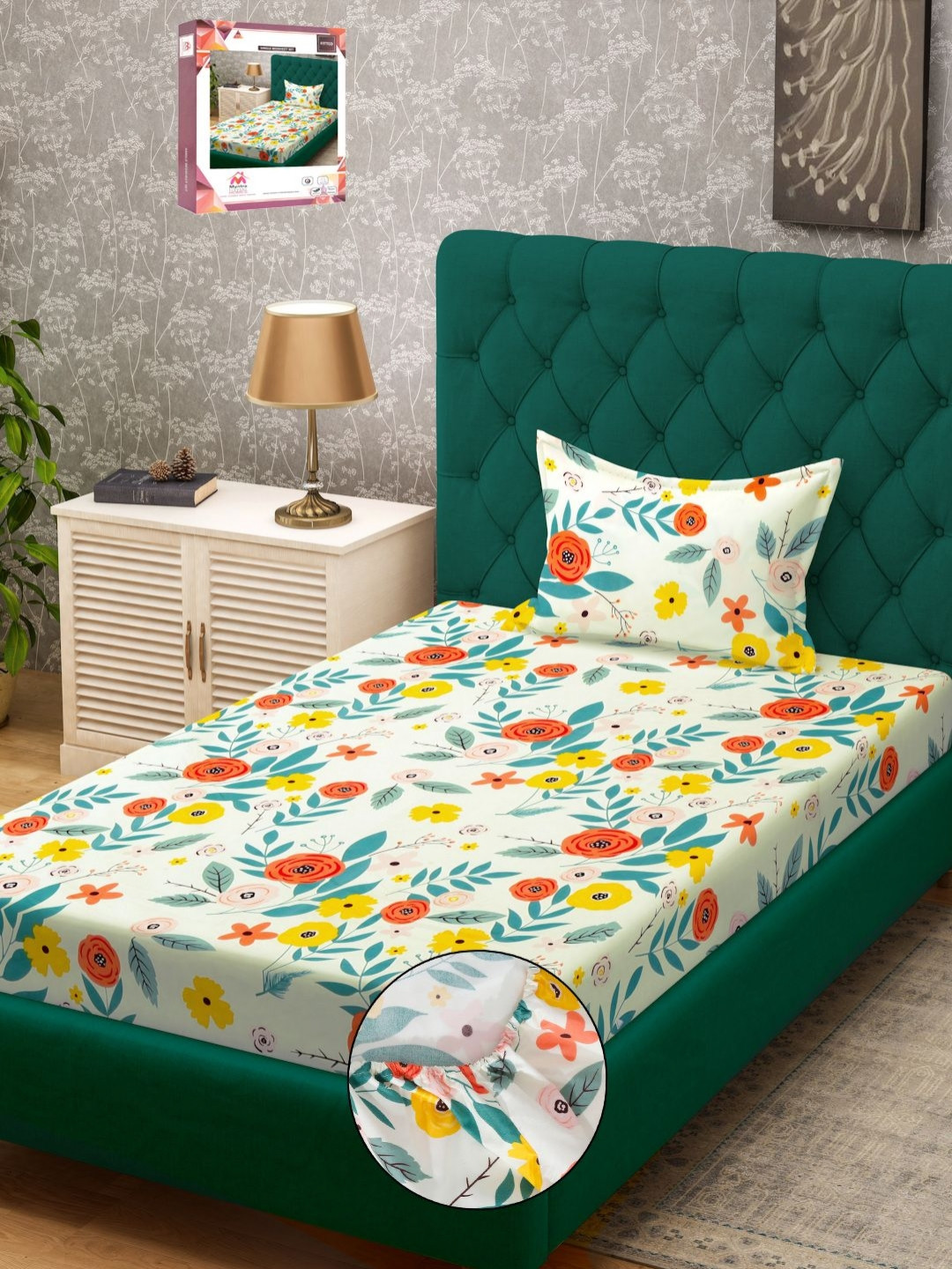 Myntra Elegant Homes Book Fold White Floral Polycotton Breathable 300 TC Fitted Double Fine Bedsheet with a Pillow Cover-87 x 59 inches