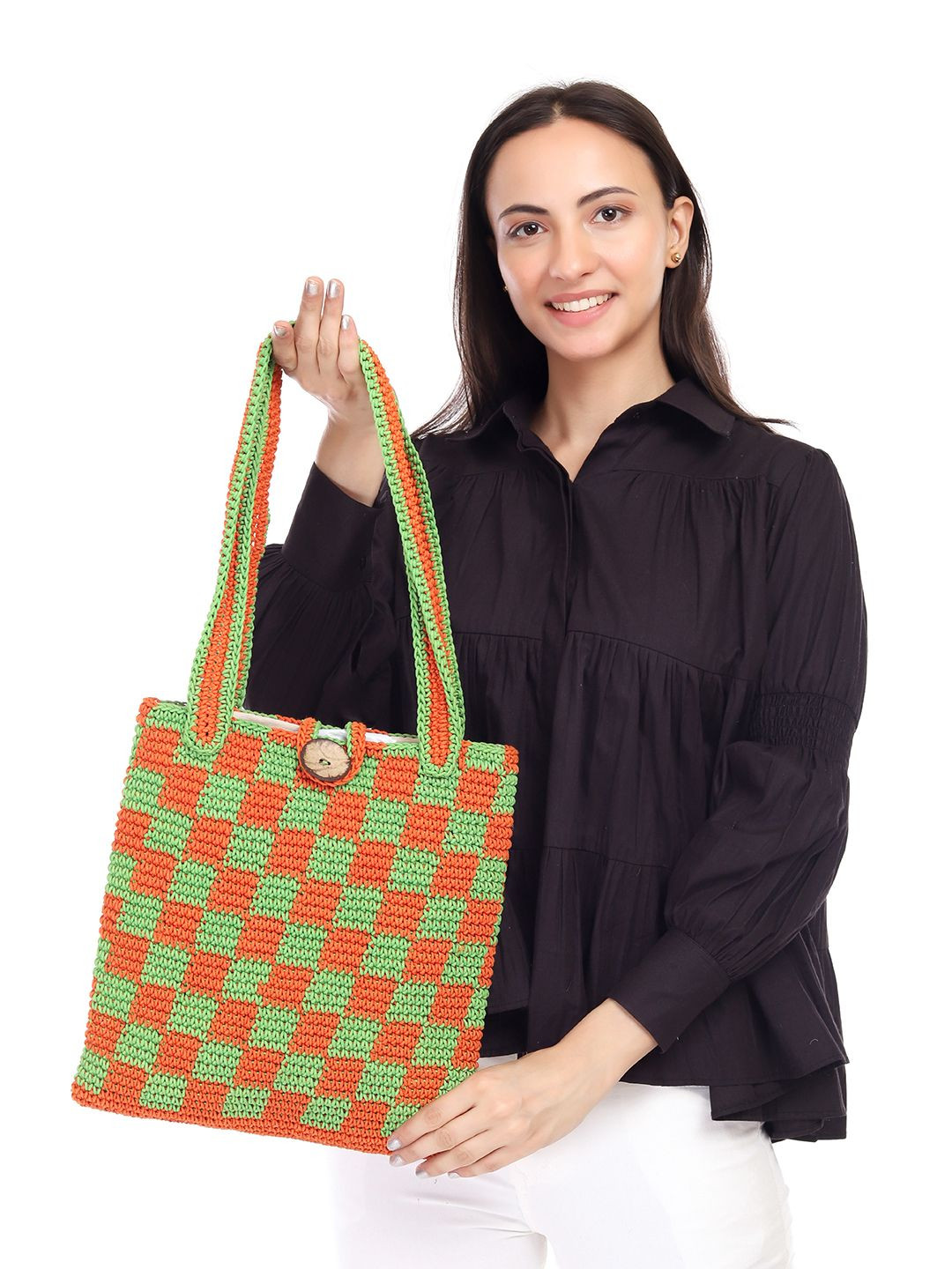 ITIHASIKALA Checked Checkered Crochet Tote Bag