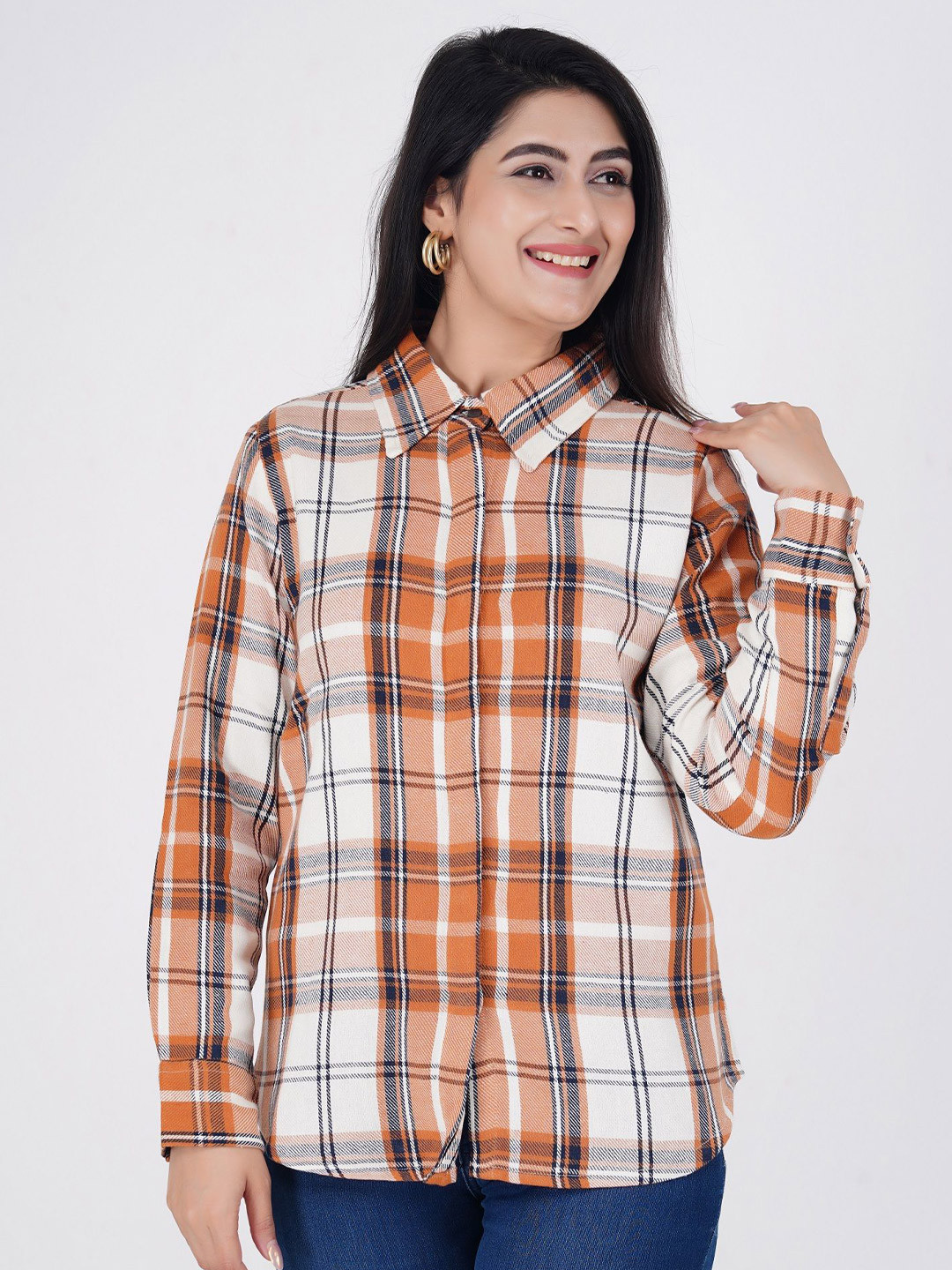 Billion Women Shepherd Checks Checked Spread Collar Cotton Casual Shirt