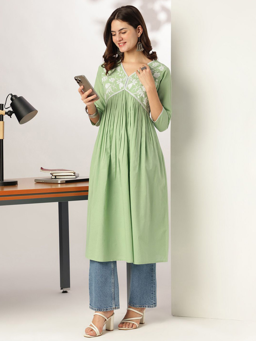 Janasya Women Light Green Pure Cotton Yoke Embroidered A-line Kurta