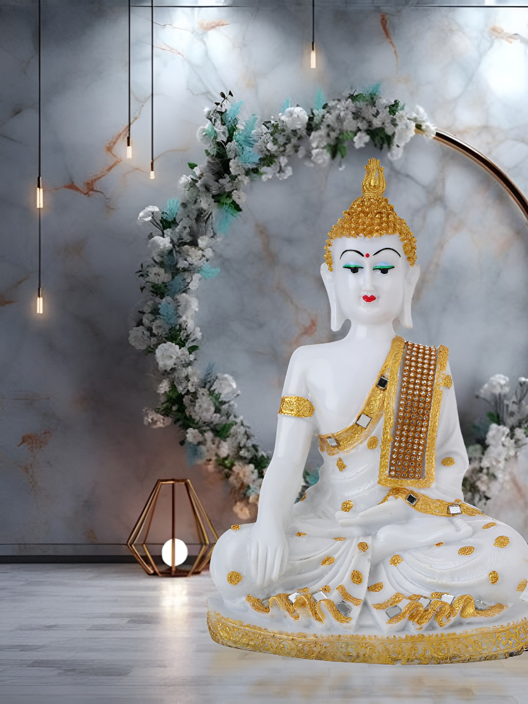 Aura Buddha White Marble Glossy Living Room Small Showpiece - 10.6 Inches