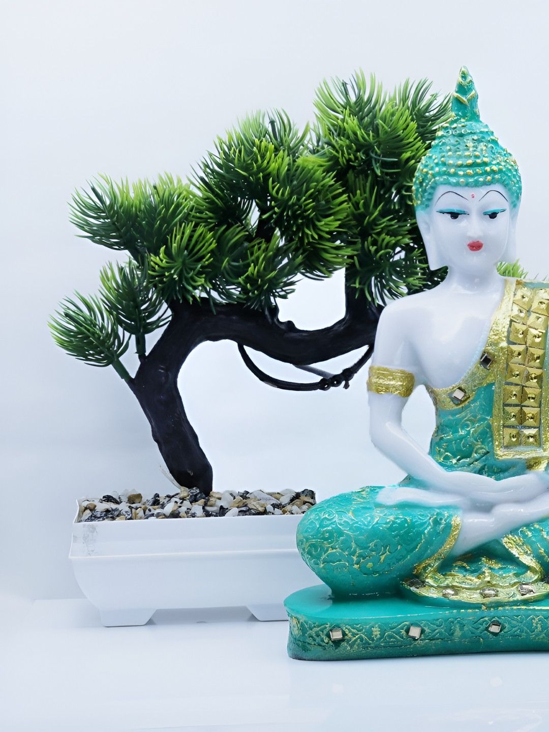 Aura Buddha with Bonsai Plant Blue Marble Glossy Living Room Set of 2 Small Showpieces - 2.8 Inches