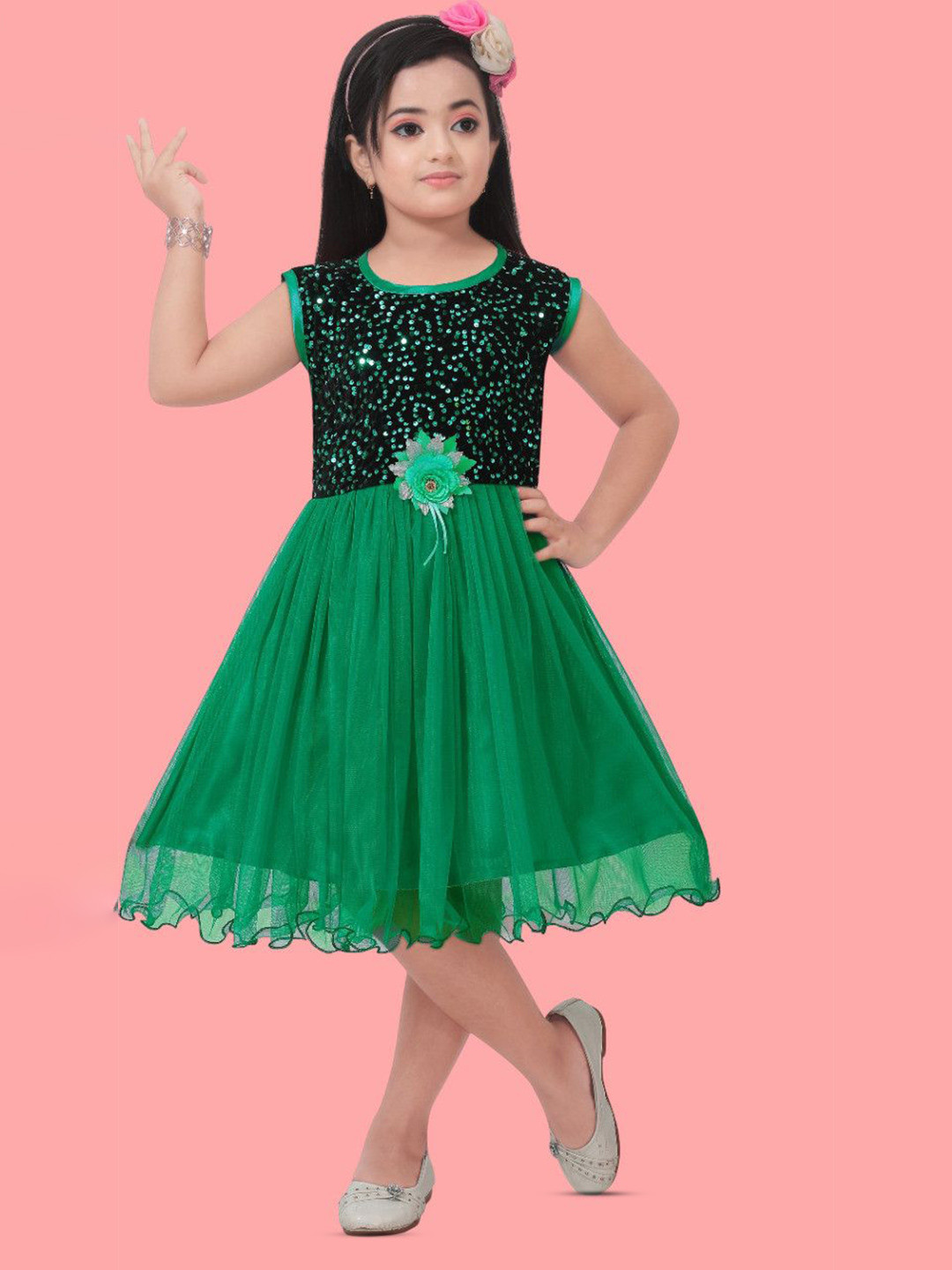 FASSY Girls Embellished Cap Sleeves Fit & Flare Dress