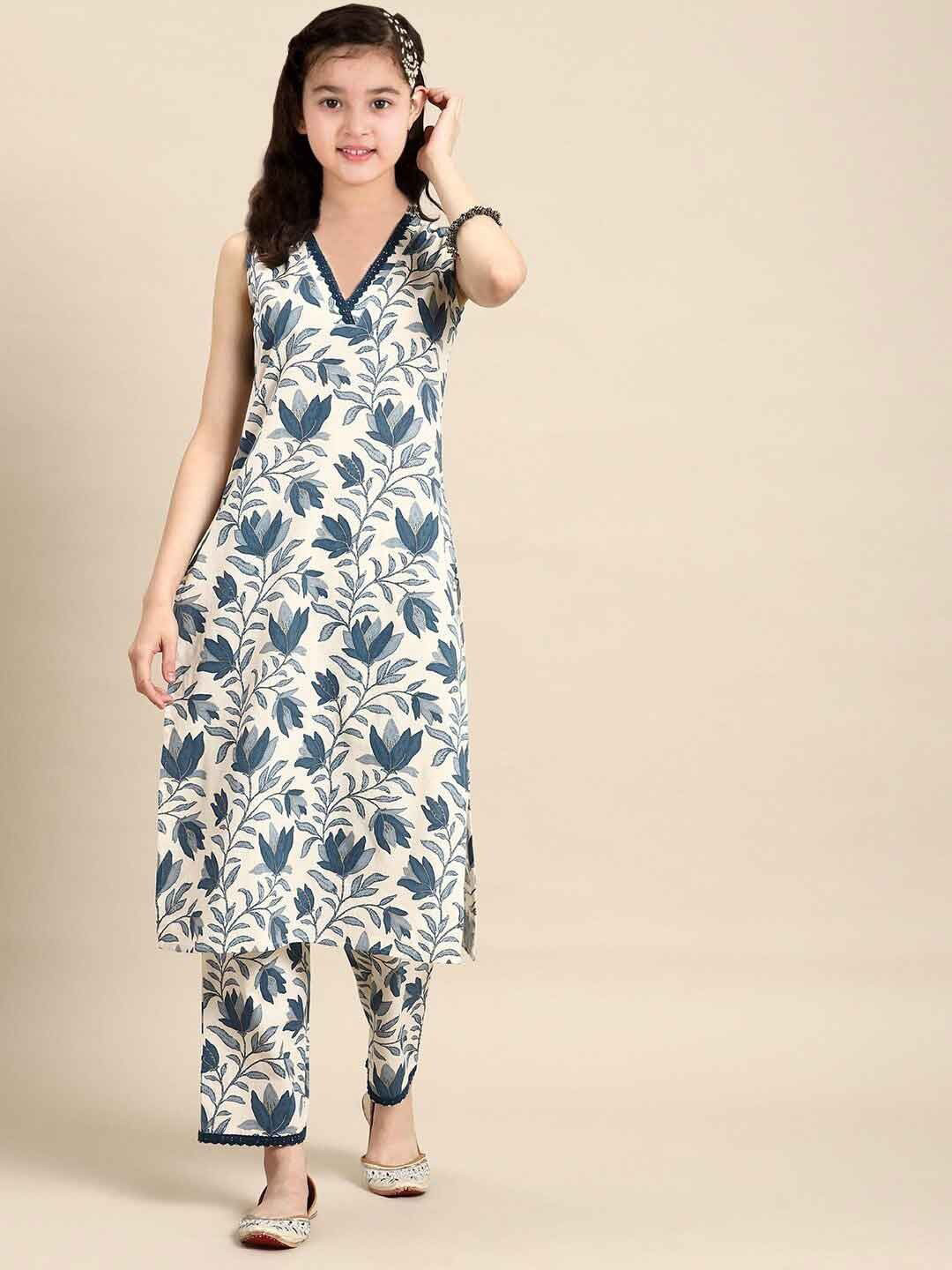 Vetrokart Girls Floral Printed Raw Silk V-Neck A-line Kurta With Trousers
