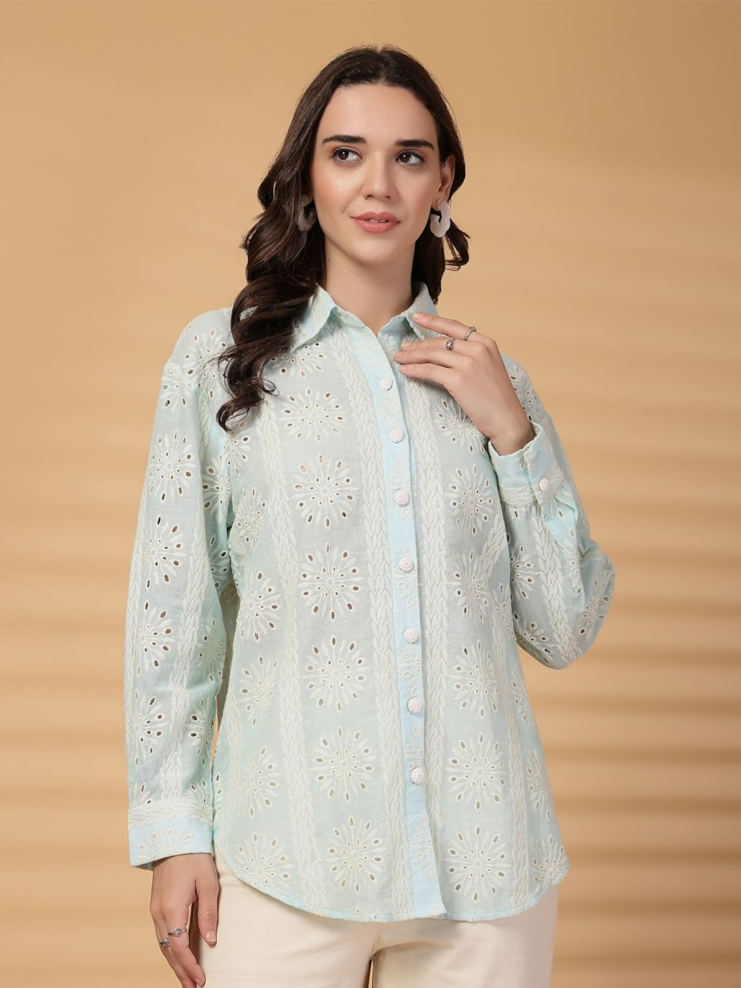 Gipsy Floral Self Design Embroidered Schiffli Semi Sheer Modern Cotton Shirt