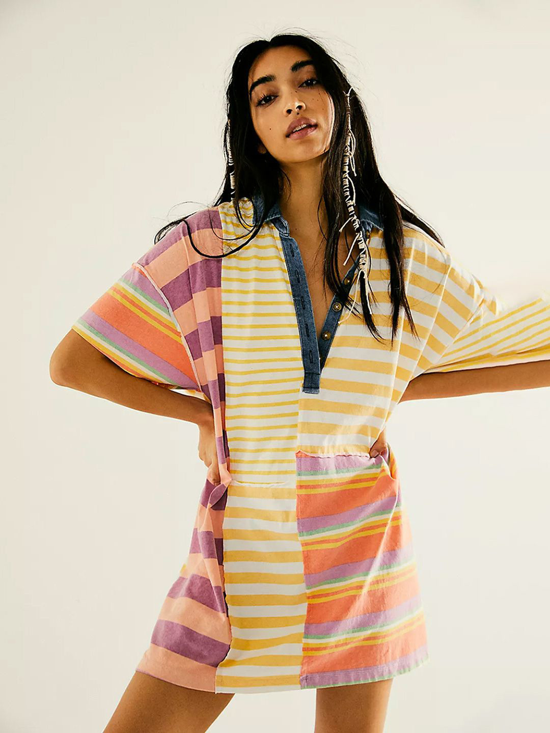 JC Mode Women Striped Shirt Collar A-Line Dress