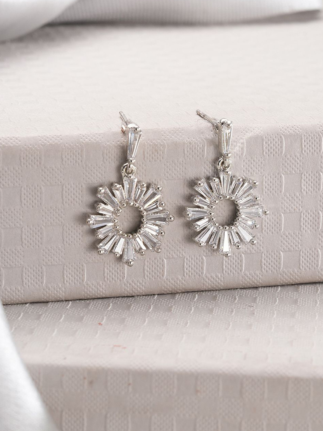 Jazz and Sizzle Rhodium-Plated Crytals Studded Floral Shaped Drop Earrings