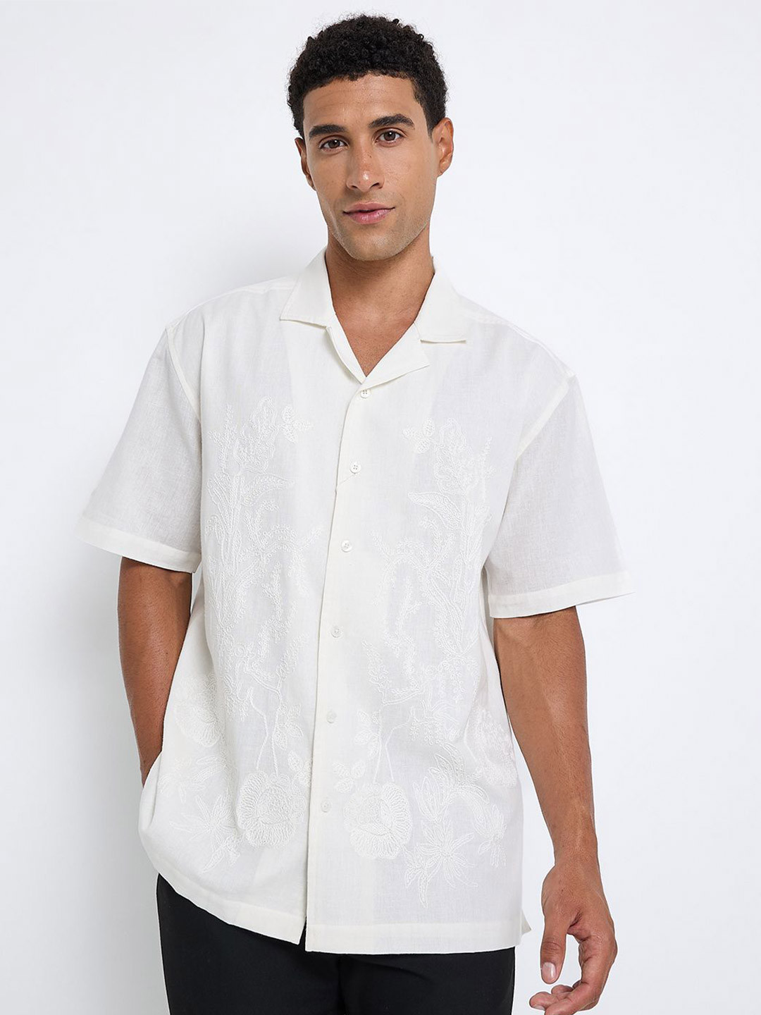 BEN SHERMAN Floral Self Design Cotton Linen Casual Shirt