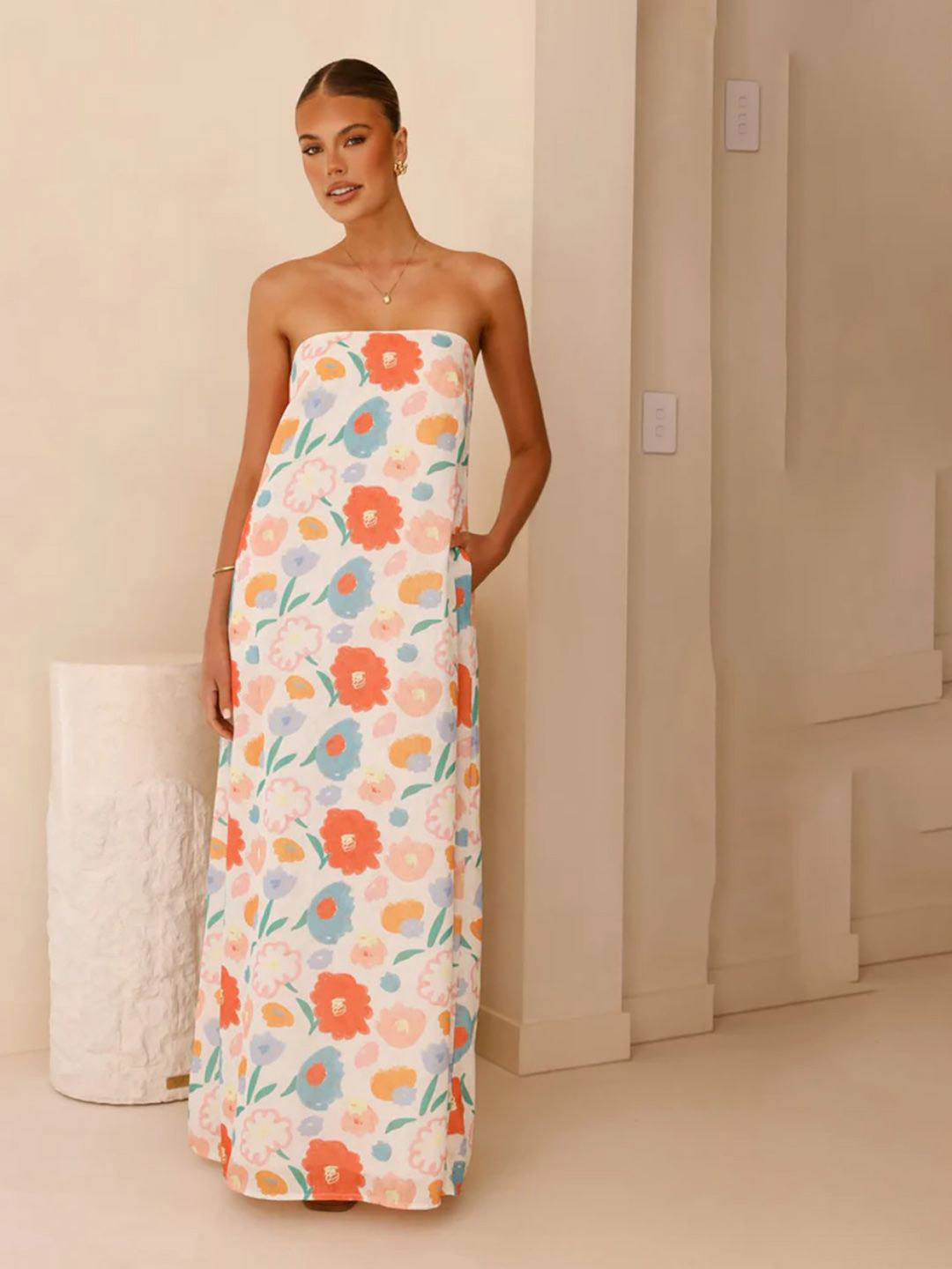JC Mode Women Floral Printed Off-Shoulder Casual Maxi Dress