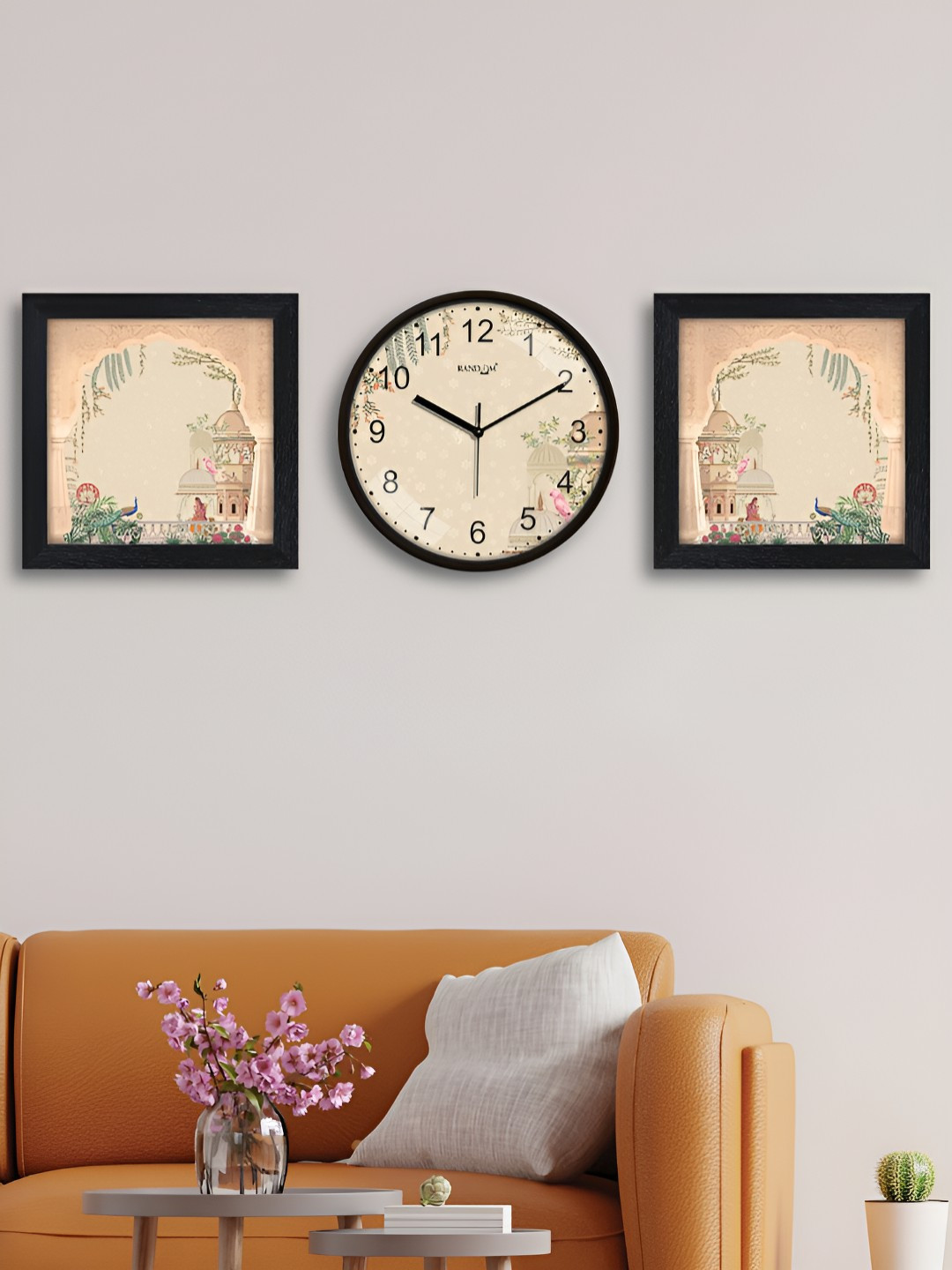 RANDOM Beige & Green Printed Traditional Wall Clock With 2 Photo Frames