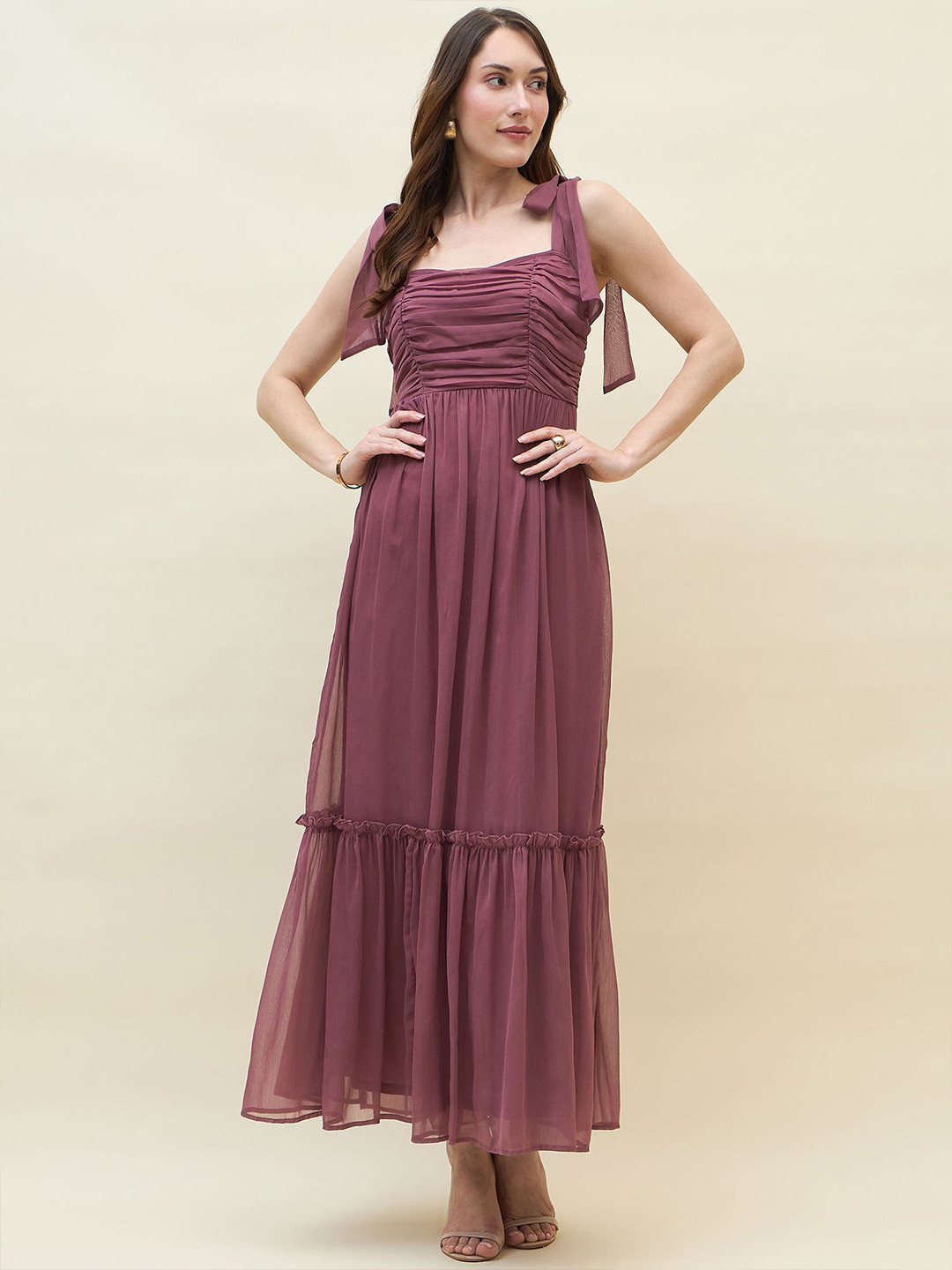 aayu Women Solid  Shoulder Straps Chiffon Pleated Maxi Dress