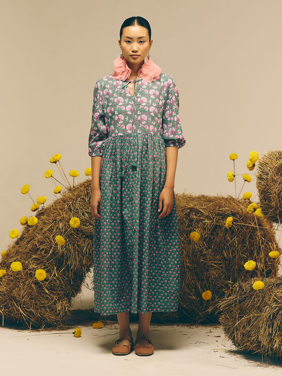 Prakriti Jaipur Women Cotton Green Floral Printed Midi Dress with Ties