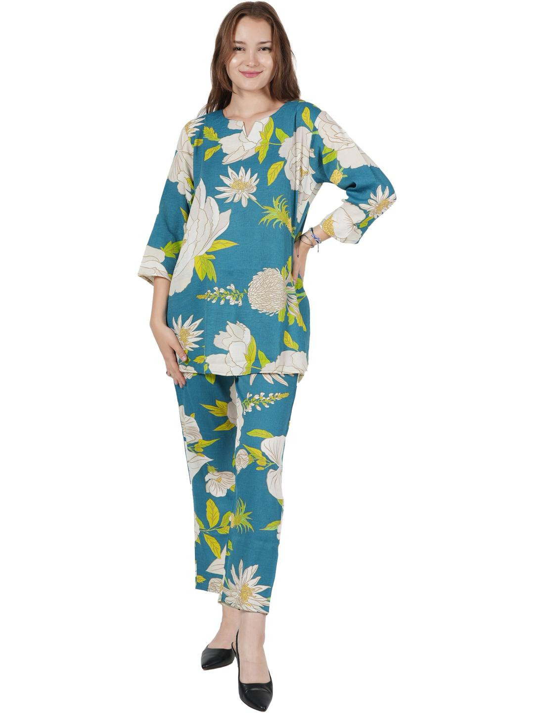 Dreambe Adults-Women Blue Pure Cotton Tunic & Plazzo Set