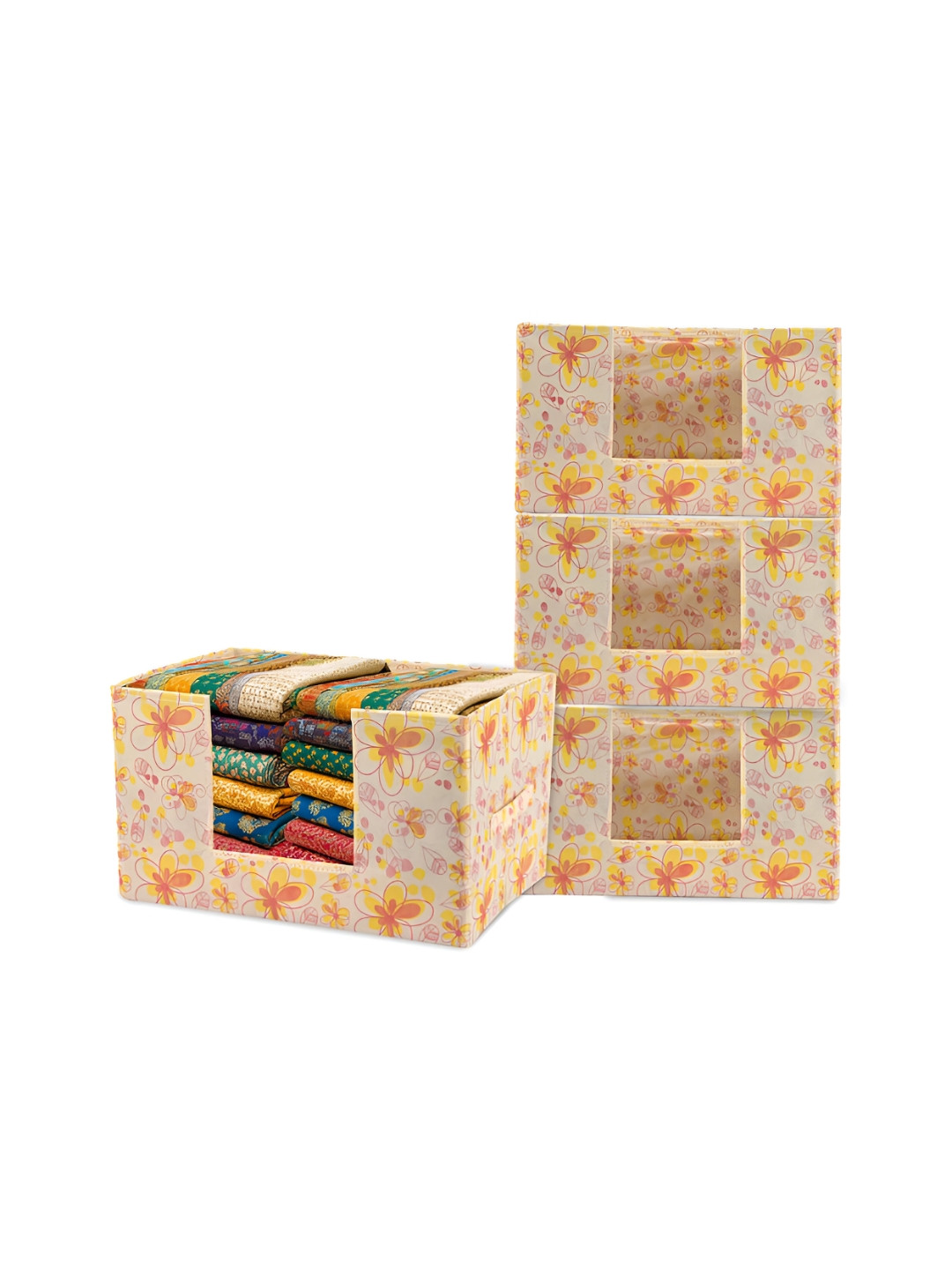 Aura Set of 4 Cream-Coloured Cloth Organizer Storage Wardrobe Drawer Storage Box & Handle