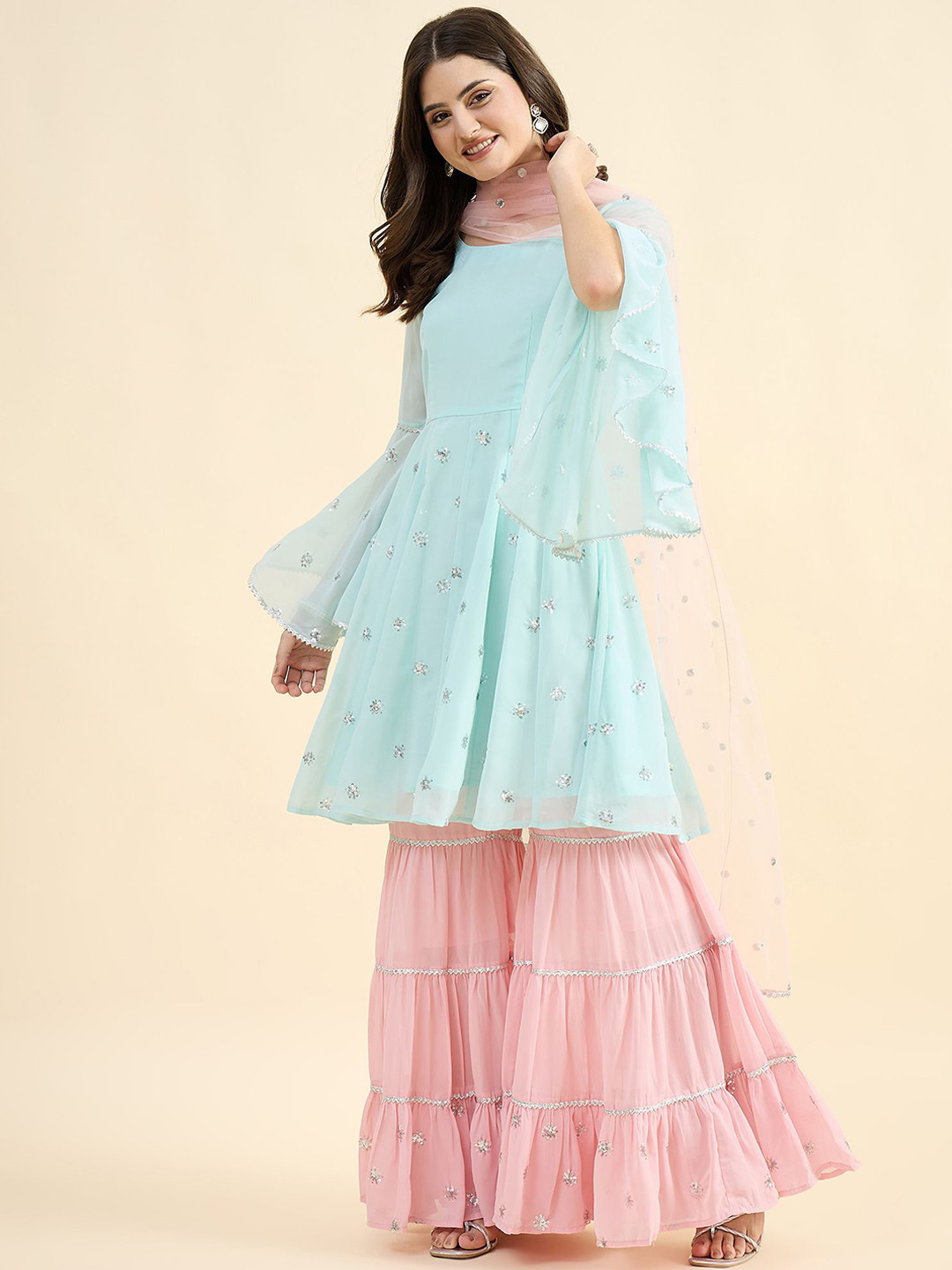 PANIT Women Embroidered Anarkali Kurta & Sharara With Dupatta