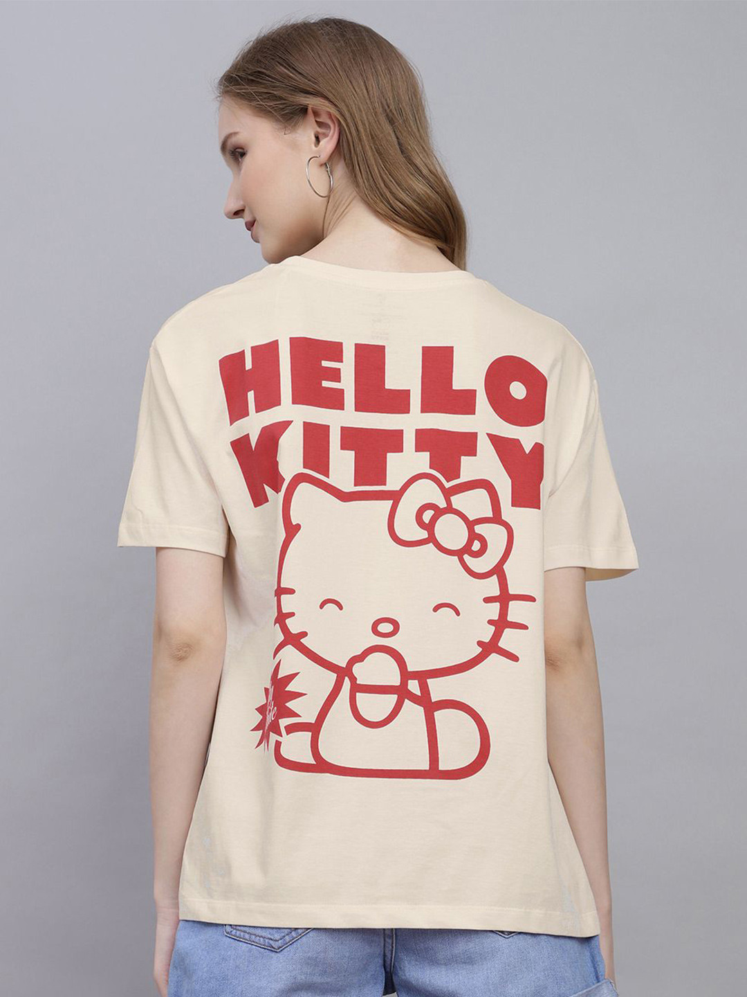 Free Authority Hello Kitty Printed Pure Cotton Oversized Fit Round Neck T-Shirt