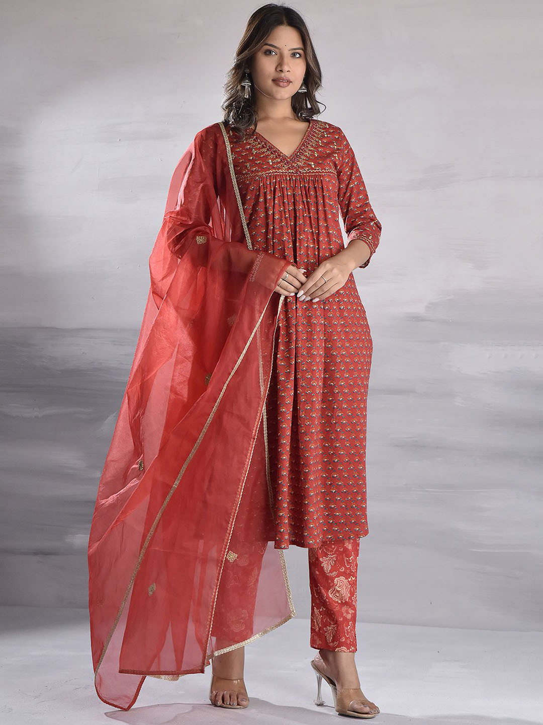 Bada Boota Women Ethnic Motifs Printed Mirror Work Pure Cotton Kurta Set With Dupatta