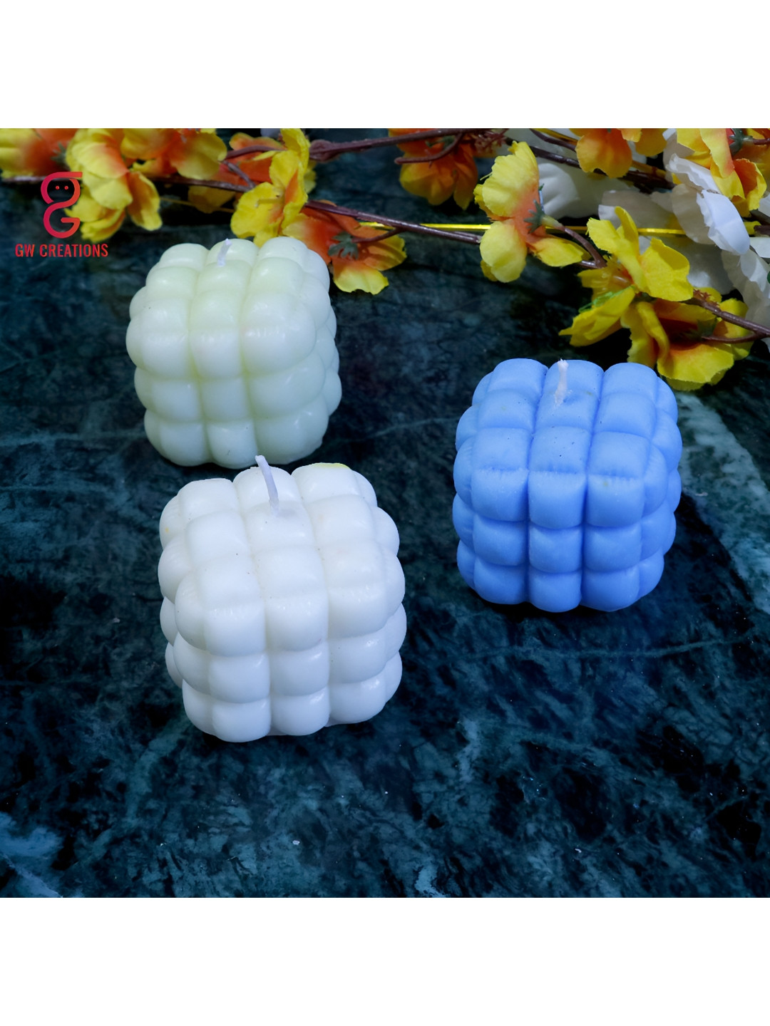 Aura Handmade 3D Cube 3Pcs Hand-Painted Lemon Grass, Mogra and Jasmine Tea Light Candles