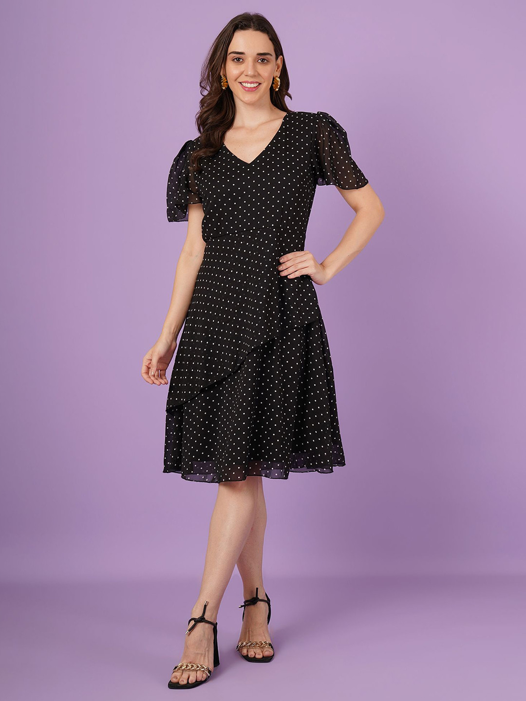 Curvydrobe Polka Dot Print Monochrome Georgette Fit & Flare Midi Dress