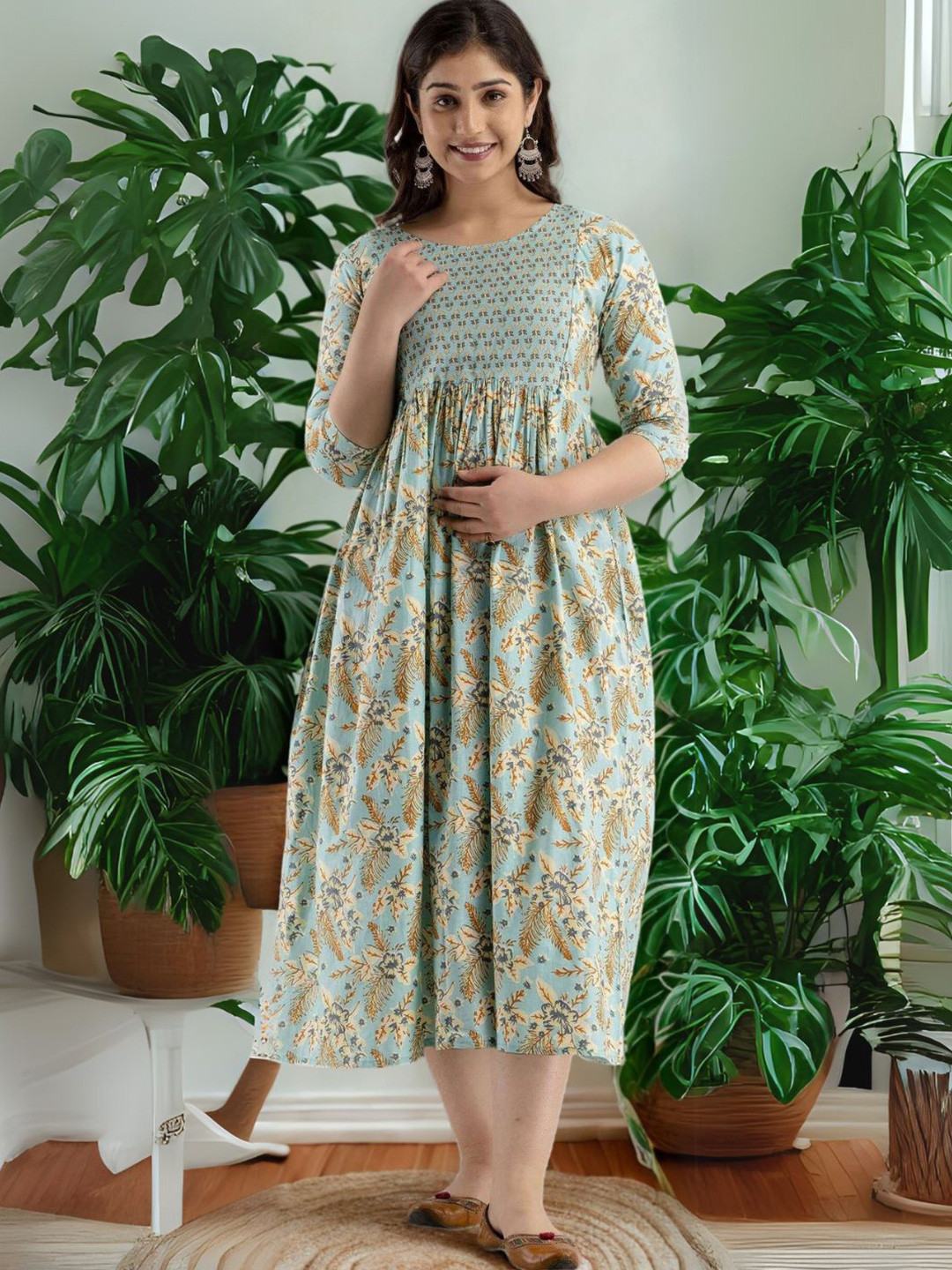 Vaidiki Women Maternity Plus Size Floral Printed Flared Cotton Ethnic Dress