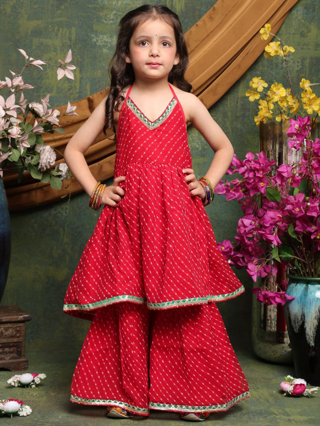 SAKA DESIGNS Girls Leheriya Printed Regular Gotta Patti Kurta with Sharara Kurta Sets