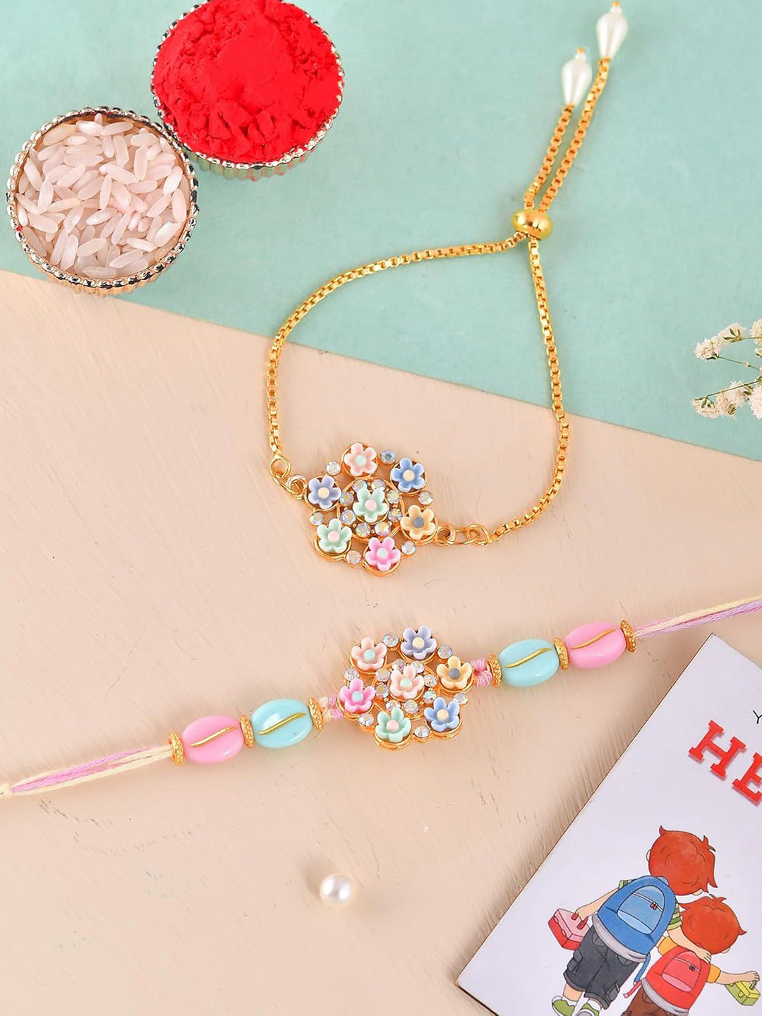 Ascension 4-Pcs Floral & Pearl Designer Rakhi Fridge Magnet & Roli Tilak