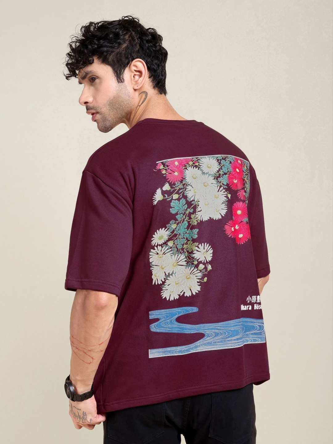 Midnight LAW Unisex Floral  Printed Drop-Shoulder Round Neck Cotton Oversized T-shirt