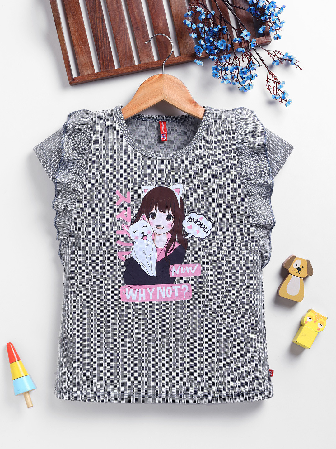 Here&Now X Game Begins Printed Ruffles Cap Sleeve Top