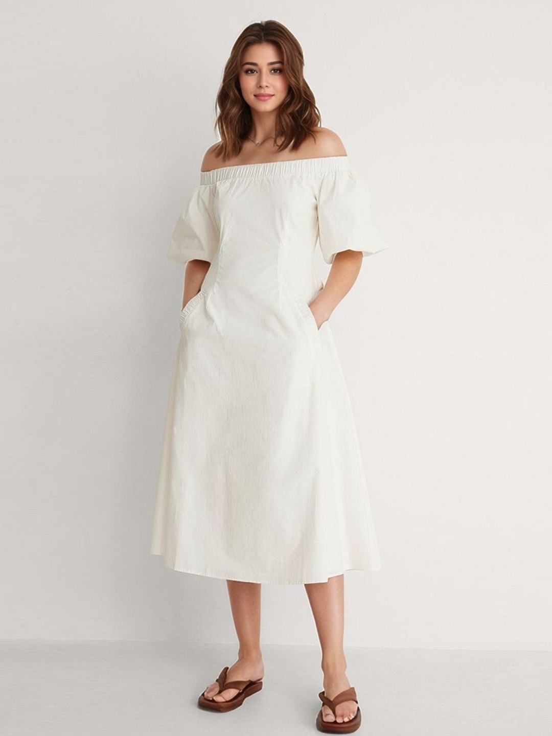 DressBerry Women Solid Off-Shoulder Casual Fit and Flare Dress