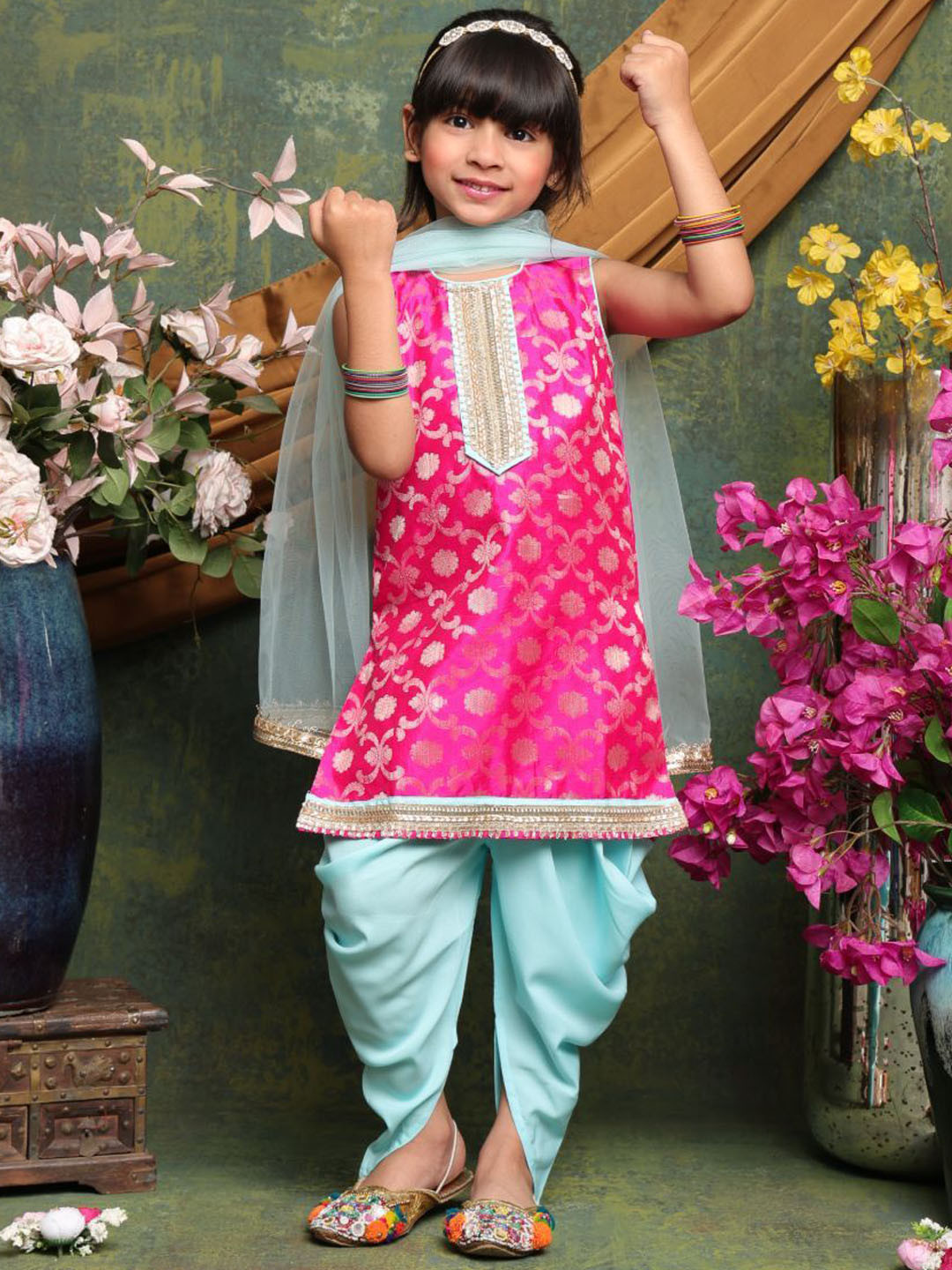 SAKA DESIGNS Girls Floral Woven Design Gotta Patti Art Silk Kurta Dhoti Pants & Dupatta