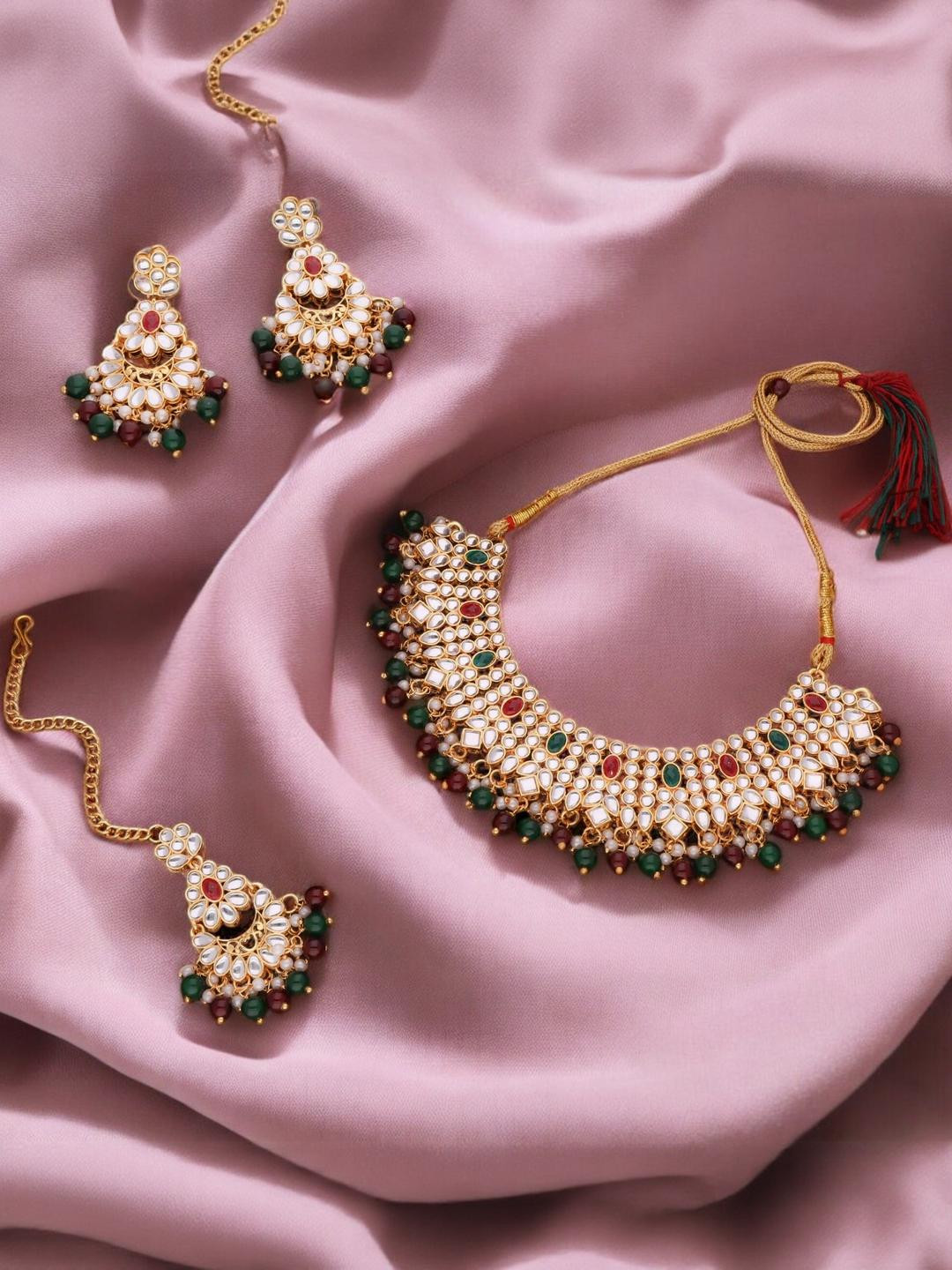 Anouk Gold-Plated Necklace& Earring & Maang Tikka Set