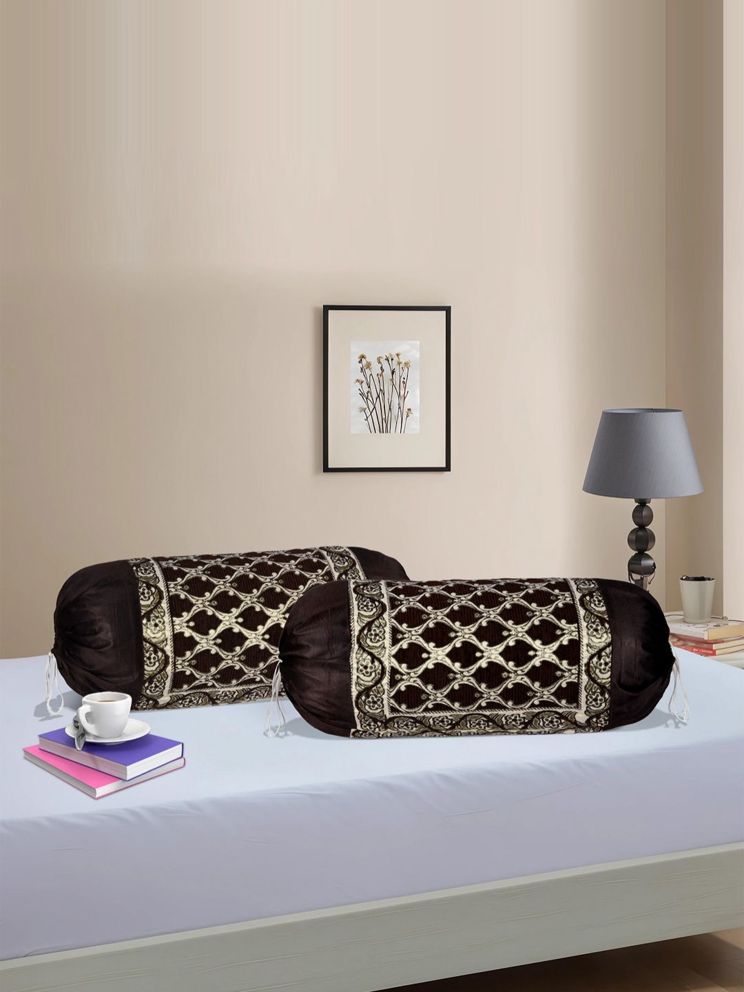 Myntra Elegant Homes 2-Pcs Black Bolster Pillow Cover With Dori