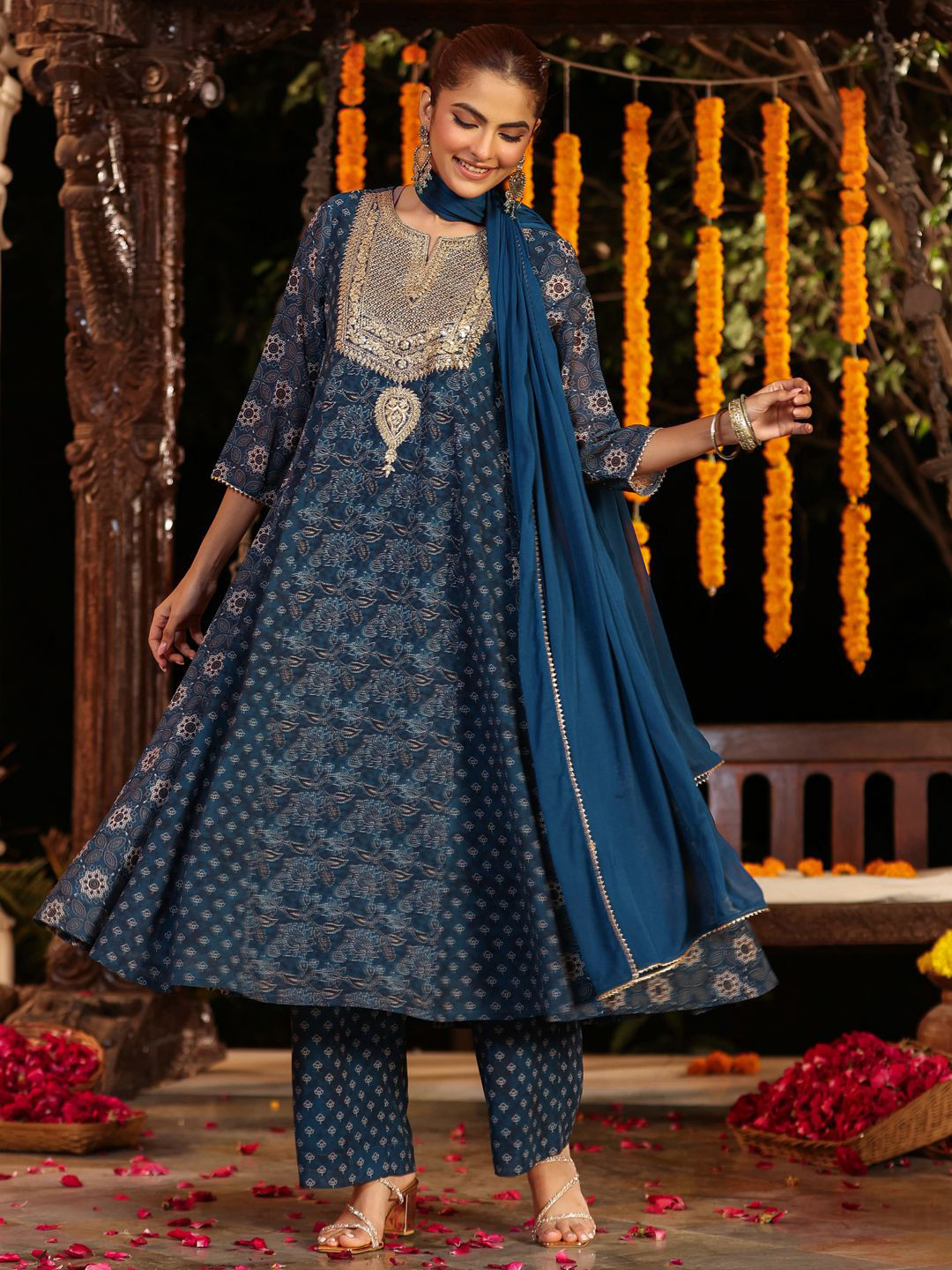 Janasya Women Dark Blue Georgette Ajrakh Printed Embellished Anarkali Kurta Set