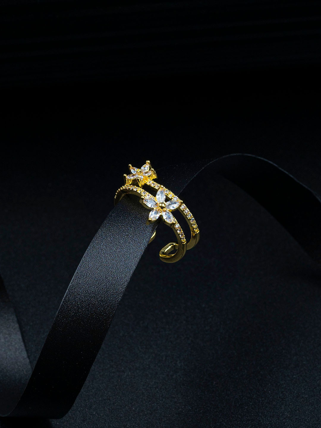 ARTKLIM Gold-Plated  Floral Double Band American Diamond Studded Adjustable Finger Ring