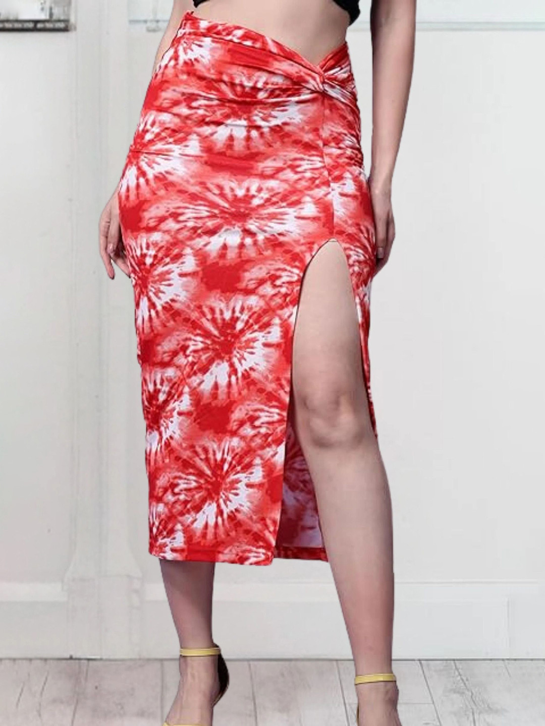 Popwings Abstract Print Twist Knot Long Slit Midi Pencil Skirt