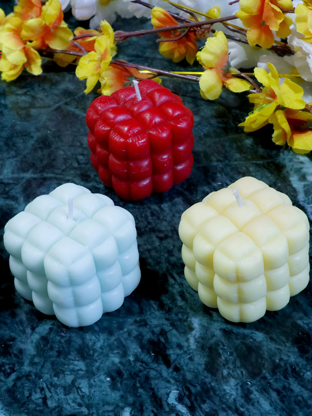 Aura Handmade 3D Cube 3Pcs Rose, Sandalwood & Green Apple Solid Pillar Candles