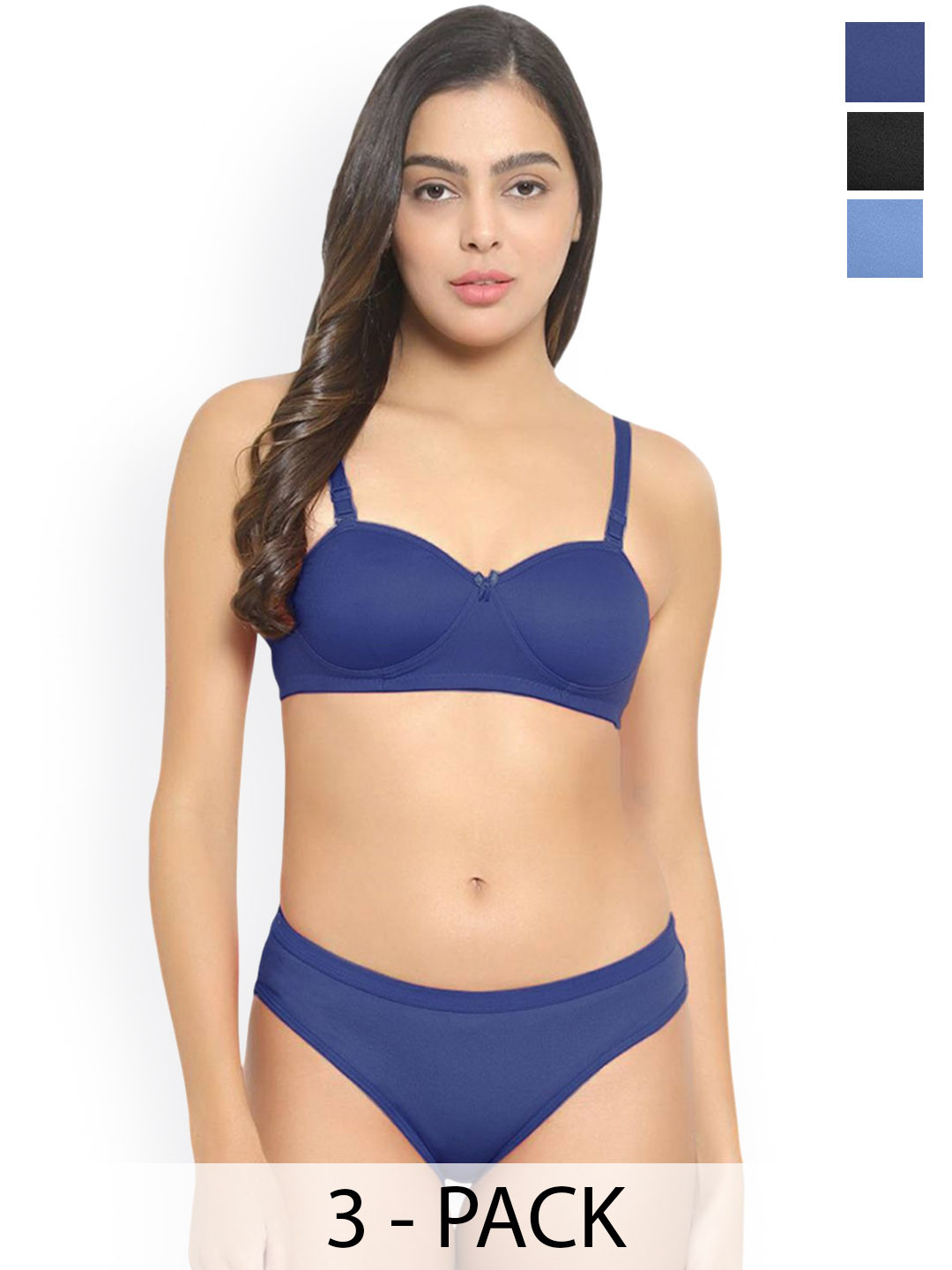 PIBU Pack Of 3 Cotton Breathable Lingerie Set B_Demi-Set_B,L-B,Bl