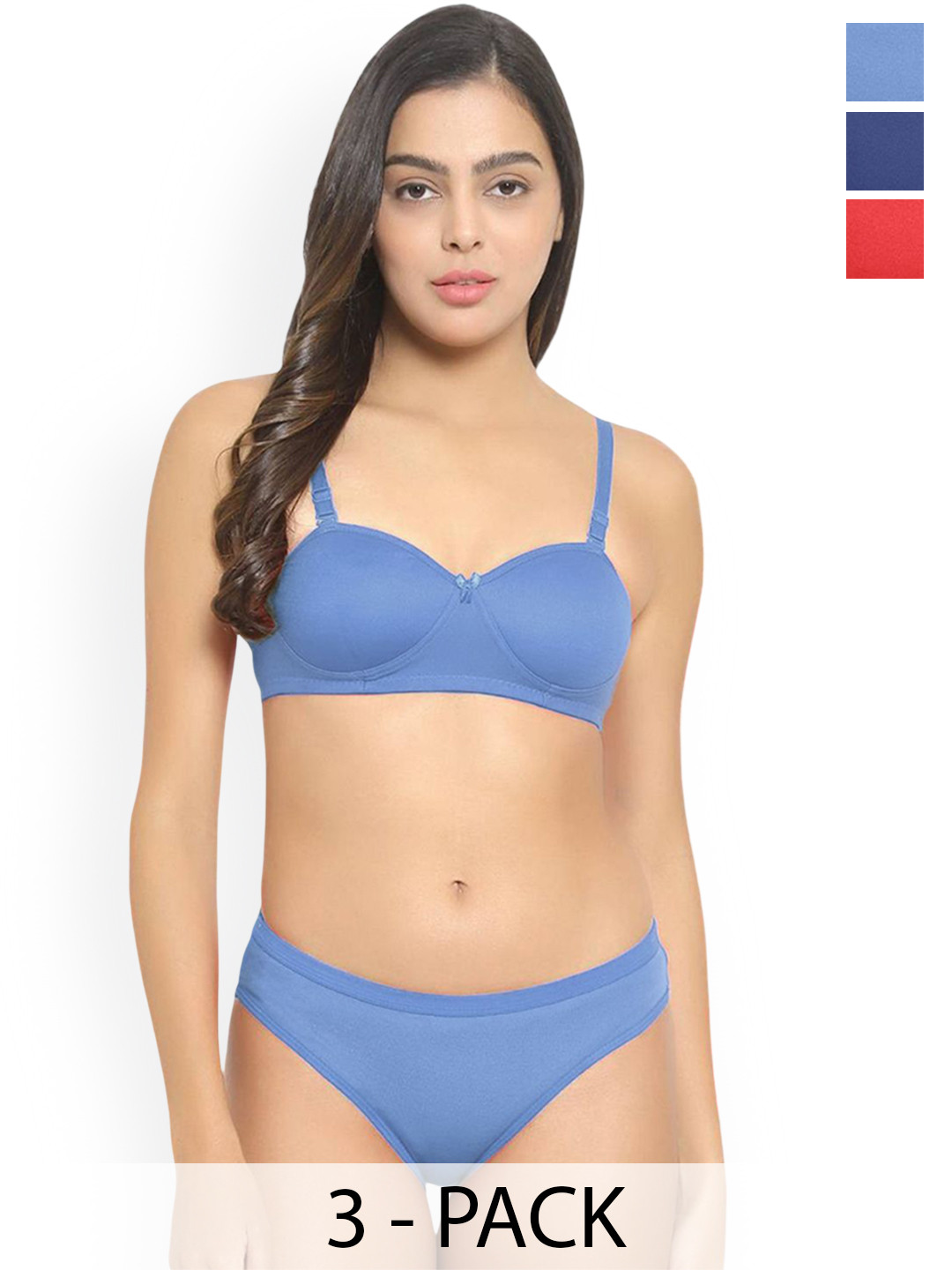 PIBU Pack Of 3 Cotton Lightly Padded Lingerie Set B_Demi-Set_R,B,L-B