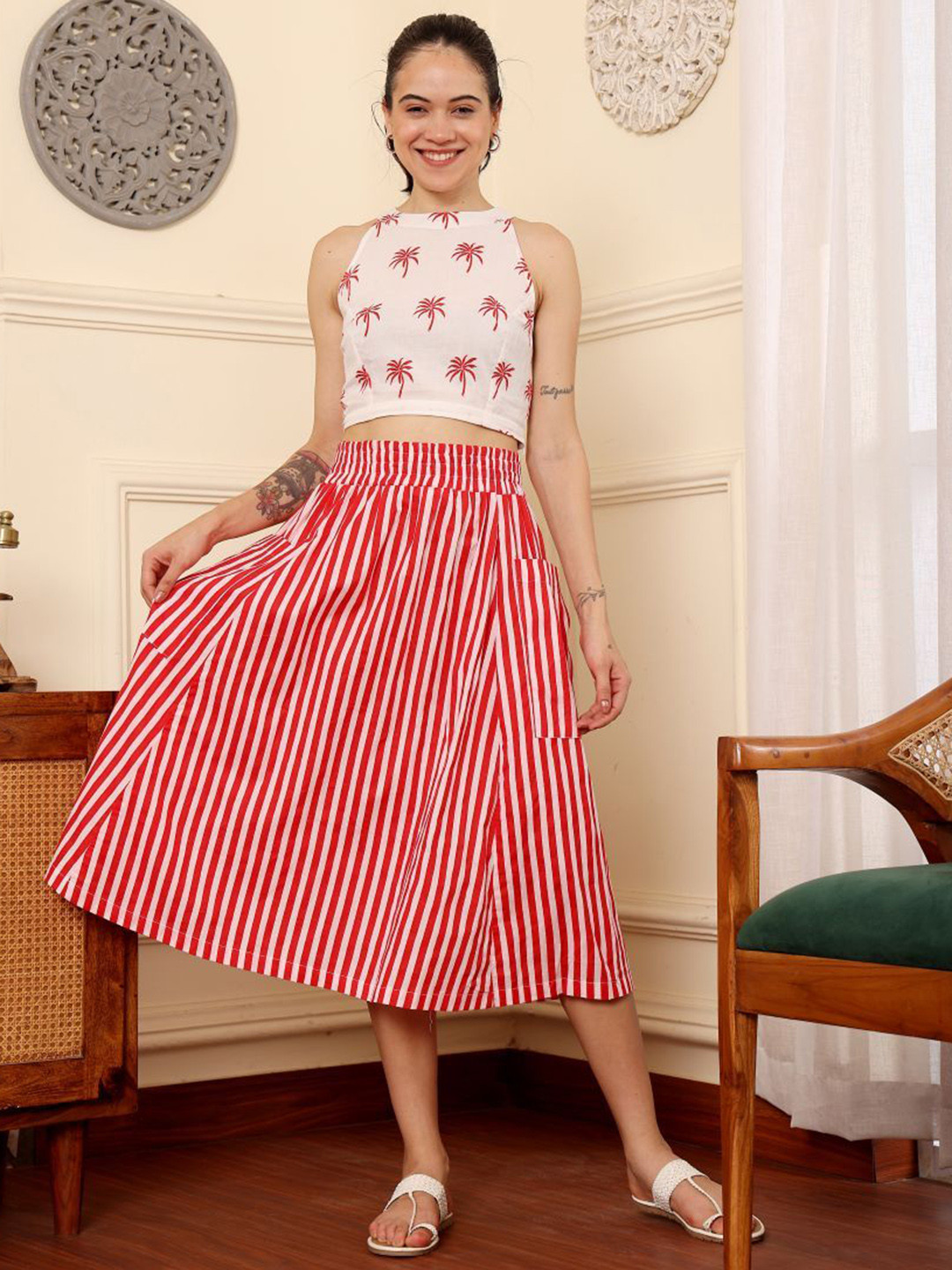 The Quince Life Red Stripes Midi Skirt