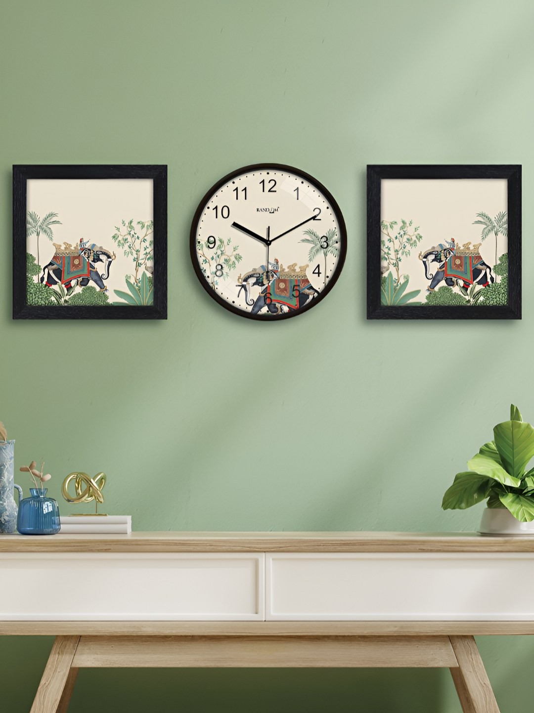 RANDOM White & Green Printed Traditional Wall Clock With 2 Photo Frames